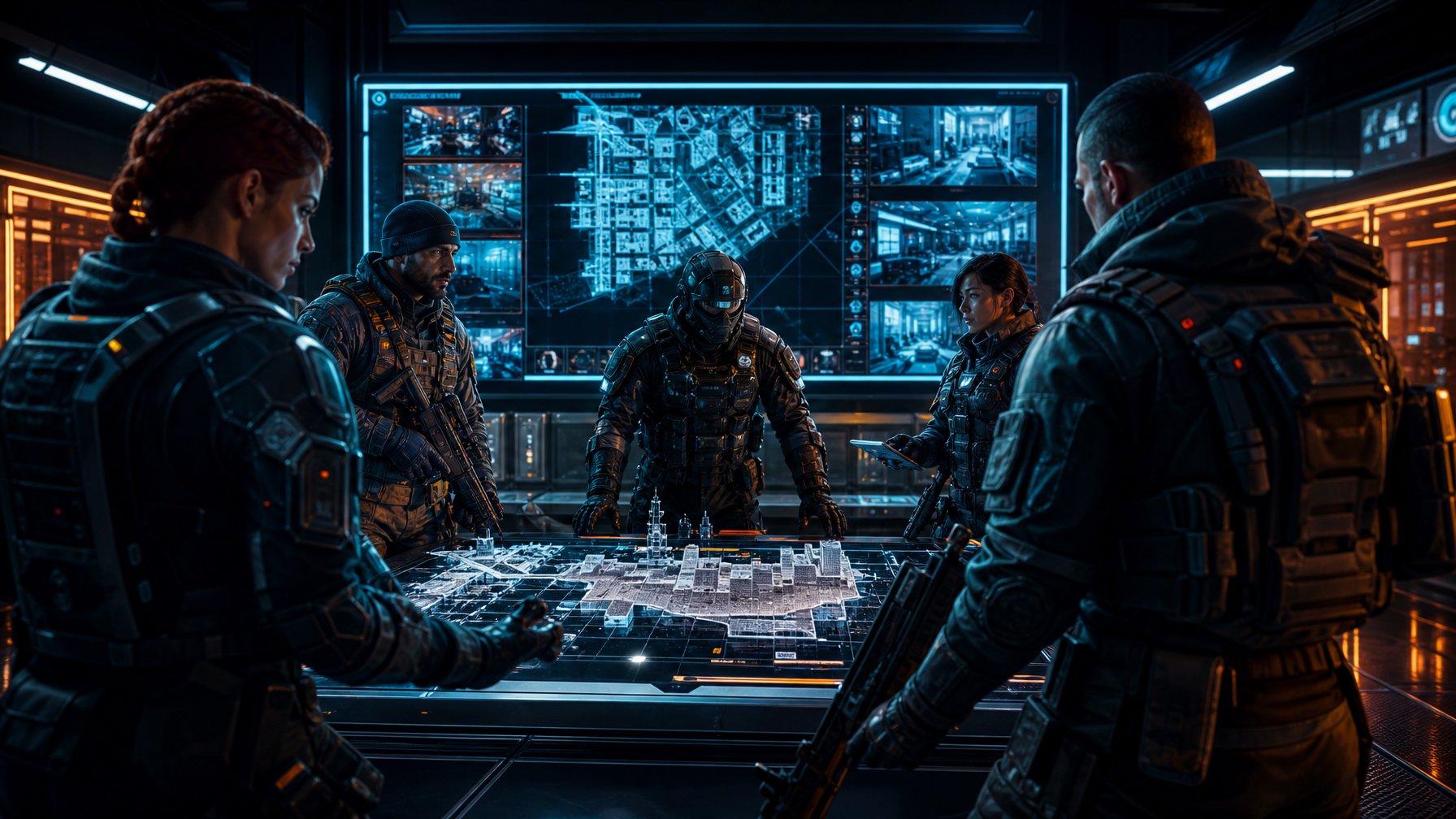 Sekelompok operator taktis bersiap di pusat komando berteknologi tinggi dengan layar digital dan pencahayaan neon, menggambarkan suasana kesegaran gameplay dan acara game eksklusif.
