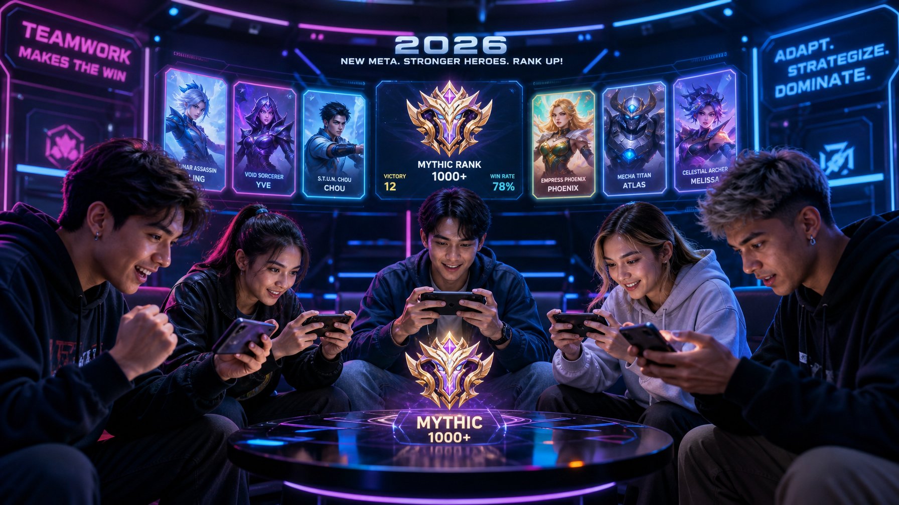 Sekelompok orang muda bermain game di ponsel dengan ekspresi serius dan antusias di ruang modern dengan lampu neon dan elemen game futuristik.