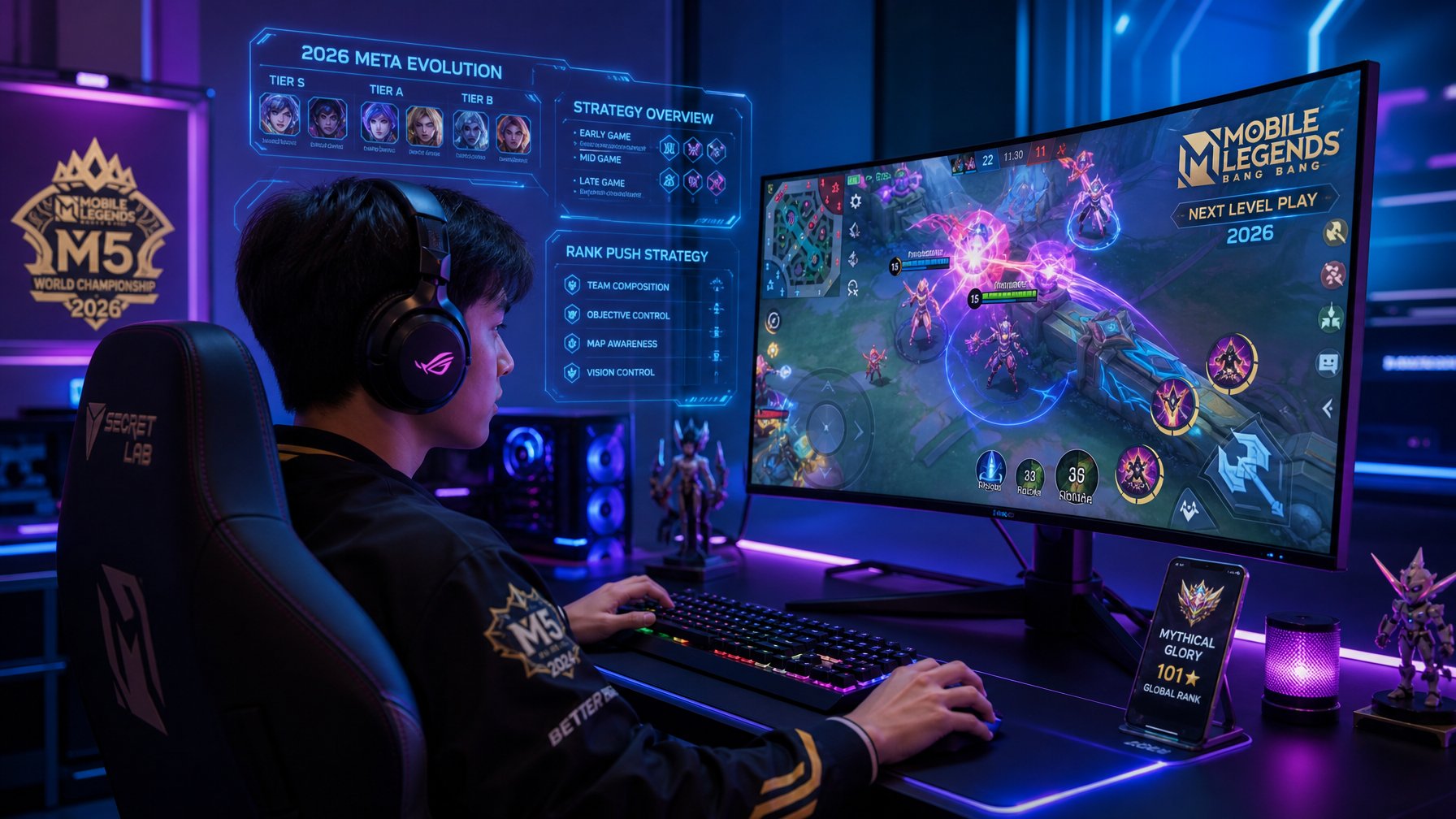 Seorang gamer fokus bermain Mobile Legends di depan layar komputer dengan latar belakang pencahayaan futuristik dan suasana kompetitif.