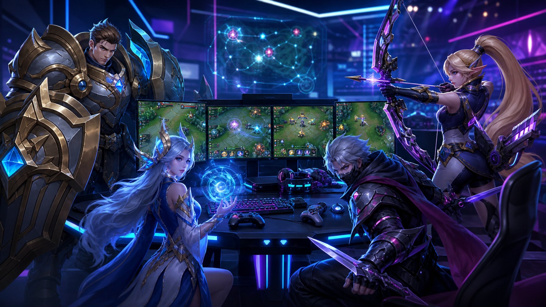 Empat karakter Mobile Legends mewakili peran Tank, Mage, Assassin, dan Marksman di sekitar meja gaming dengan layar dan pencahayaan neon.
