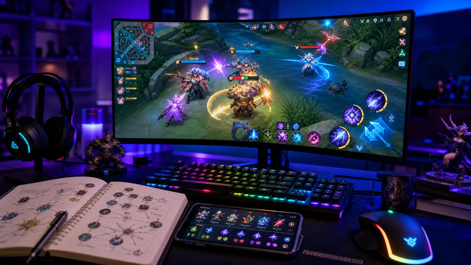 Sebuah meja gaming dengan monitor menampilkan gameplay Mobile Legends yang penuh aksi dan berbagai karakter hero dari role Tank, Mage, Assassin, dan Marksman sedang bertarung.