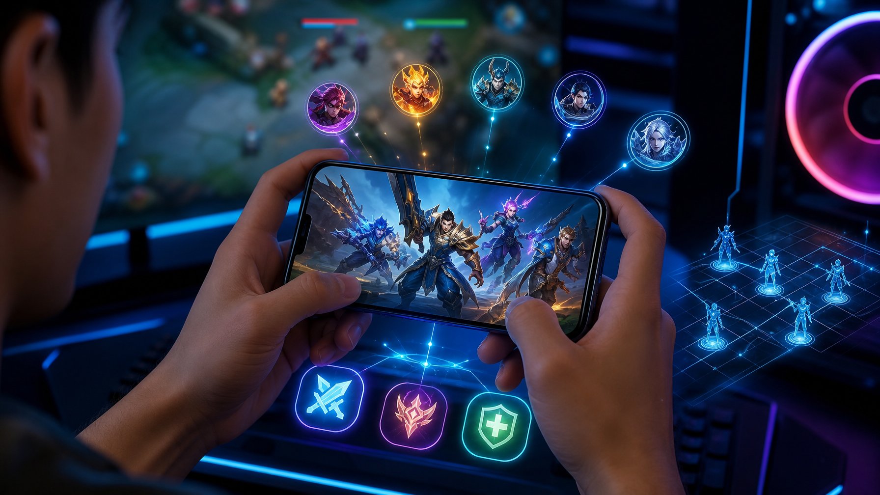 Seorang pemain memegang smartphone dengan layar menampilkan karakter pahlawan dari permainan mobile, dikelilingi oleh elemen digital yang menggambarkan perubahan strategi dalam permainan.