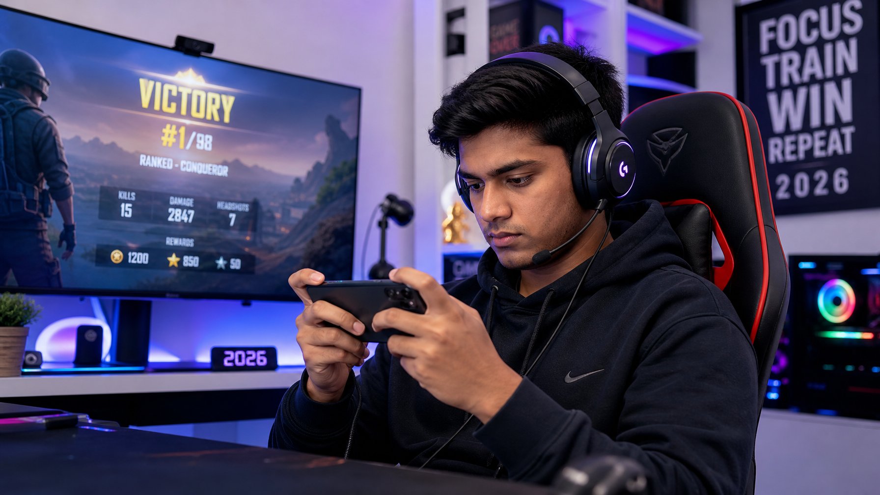 Seorang pria muda fokus bermain game di ponsel di dalam ruangan gaming modern dengan monitor dan perlengkapan gaming di sekitarnya.