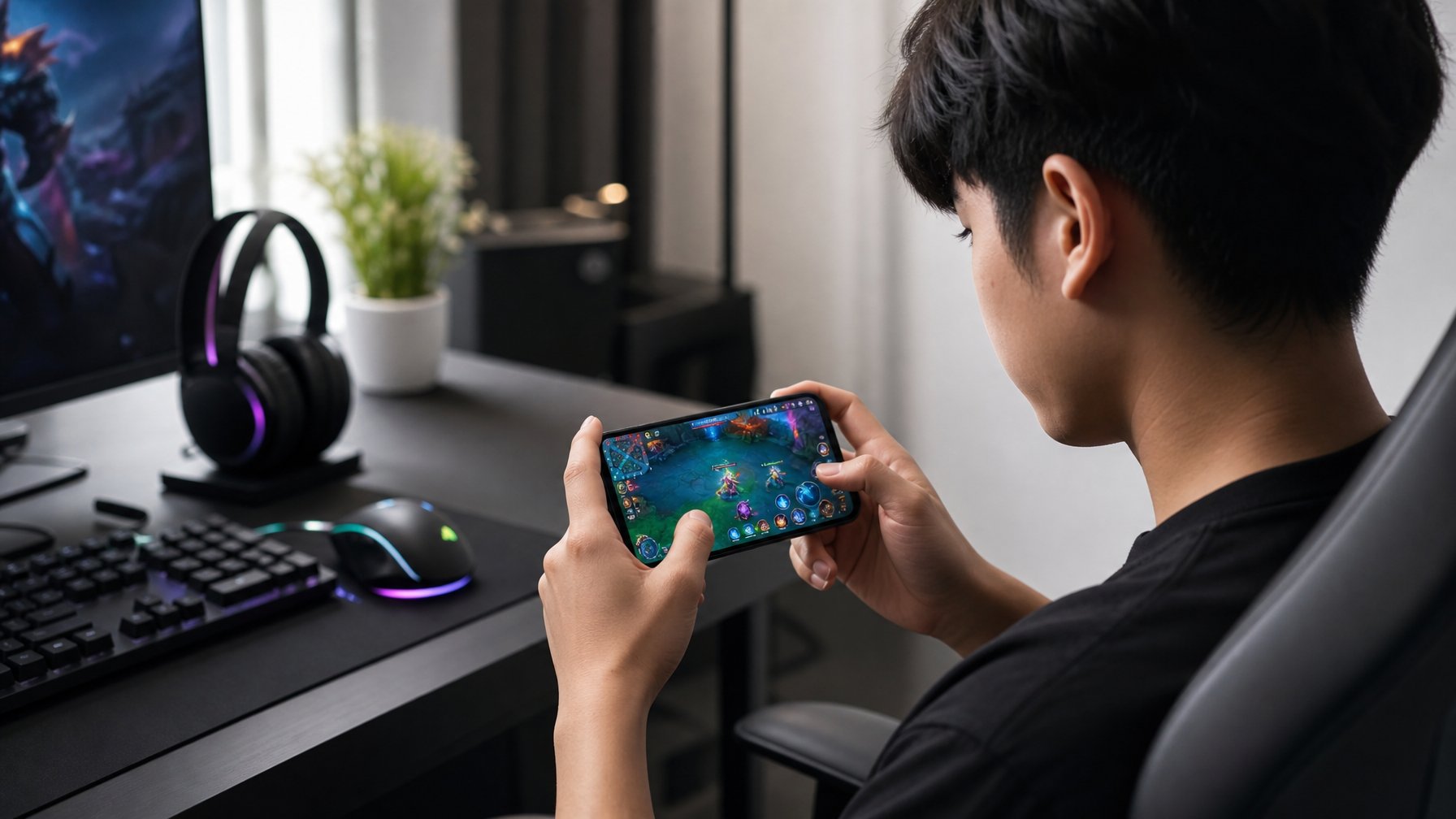 Seorang pria muda sedang fokus bermain game di ponsel dengan perlengkapan gaming di meja di ruangan yang terang.