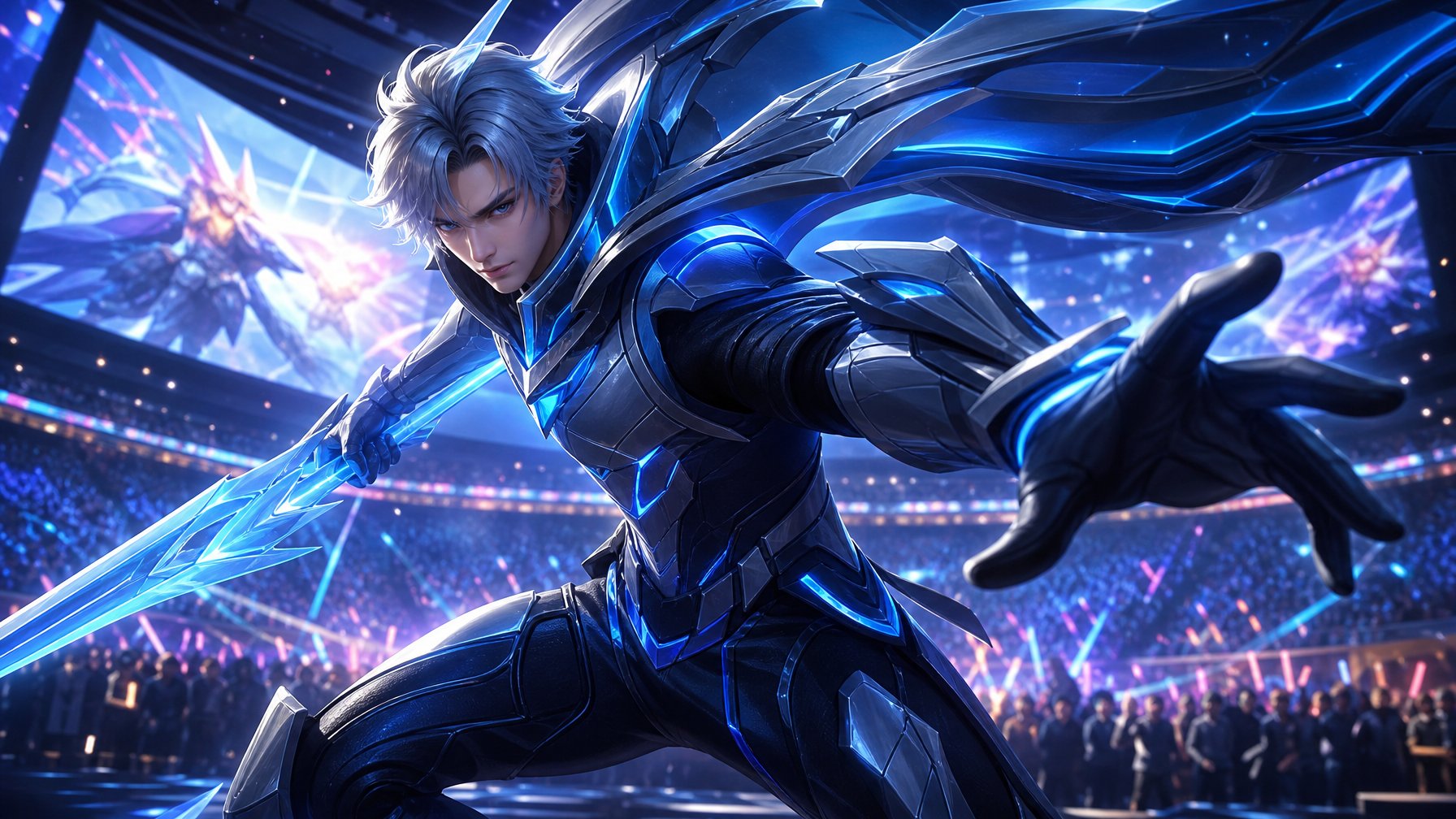 Seorang karakter pahlawan futuristik dari game Mobile Legends sedang dalam pose aksi di arena turnamen esports yang ramai.