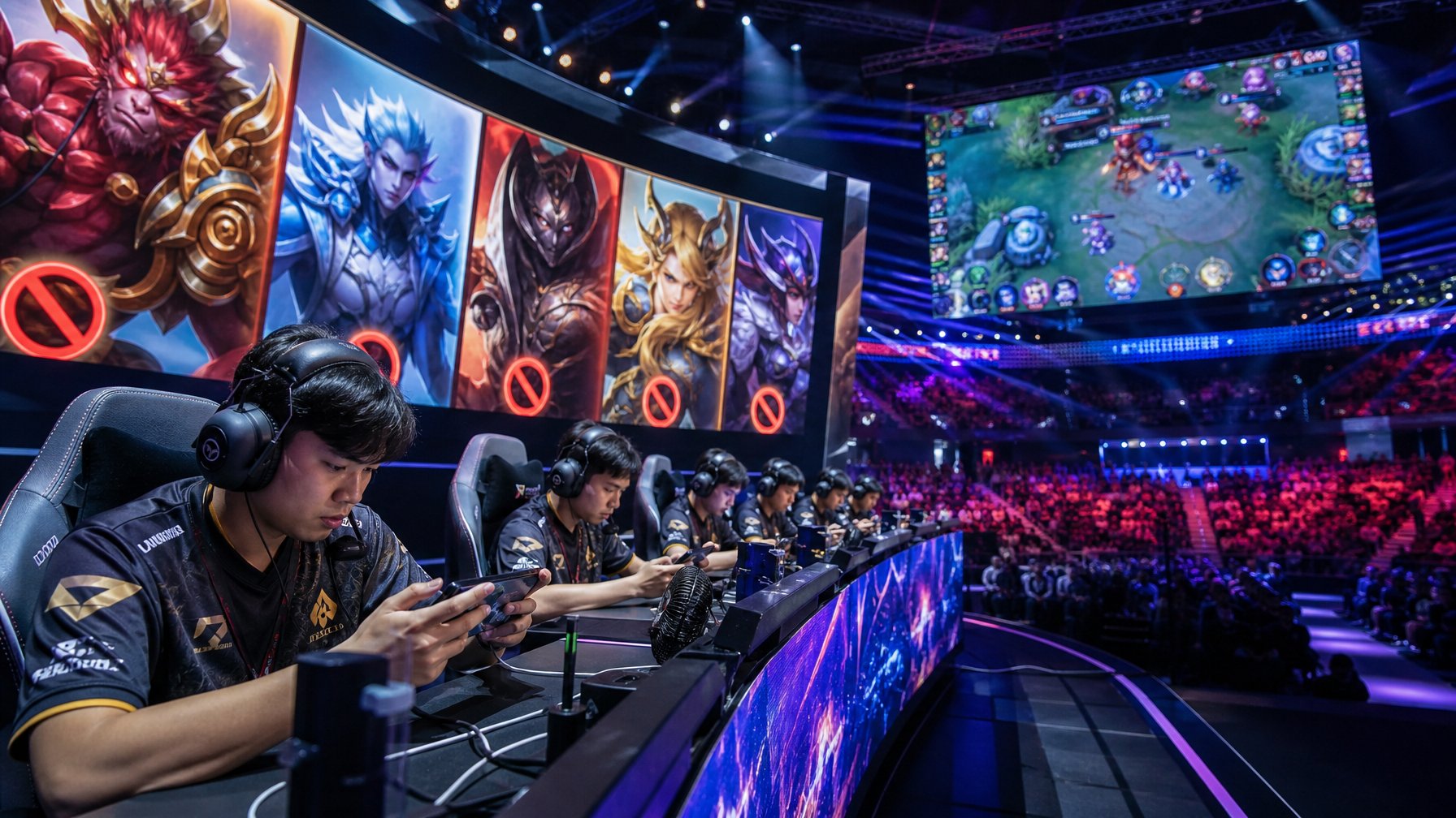 Suasana turnamen esports Mobile Legends dengan pemain profesional yang serius bermain di arena penuh penonton dan layar besar menampilkan pertandingan.