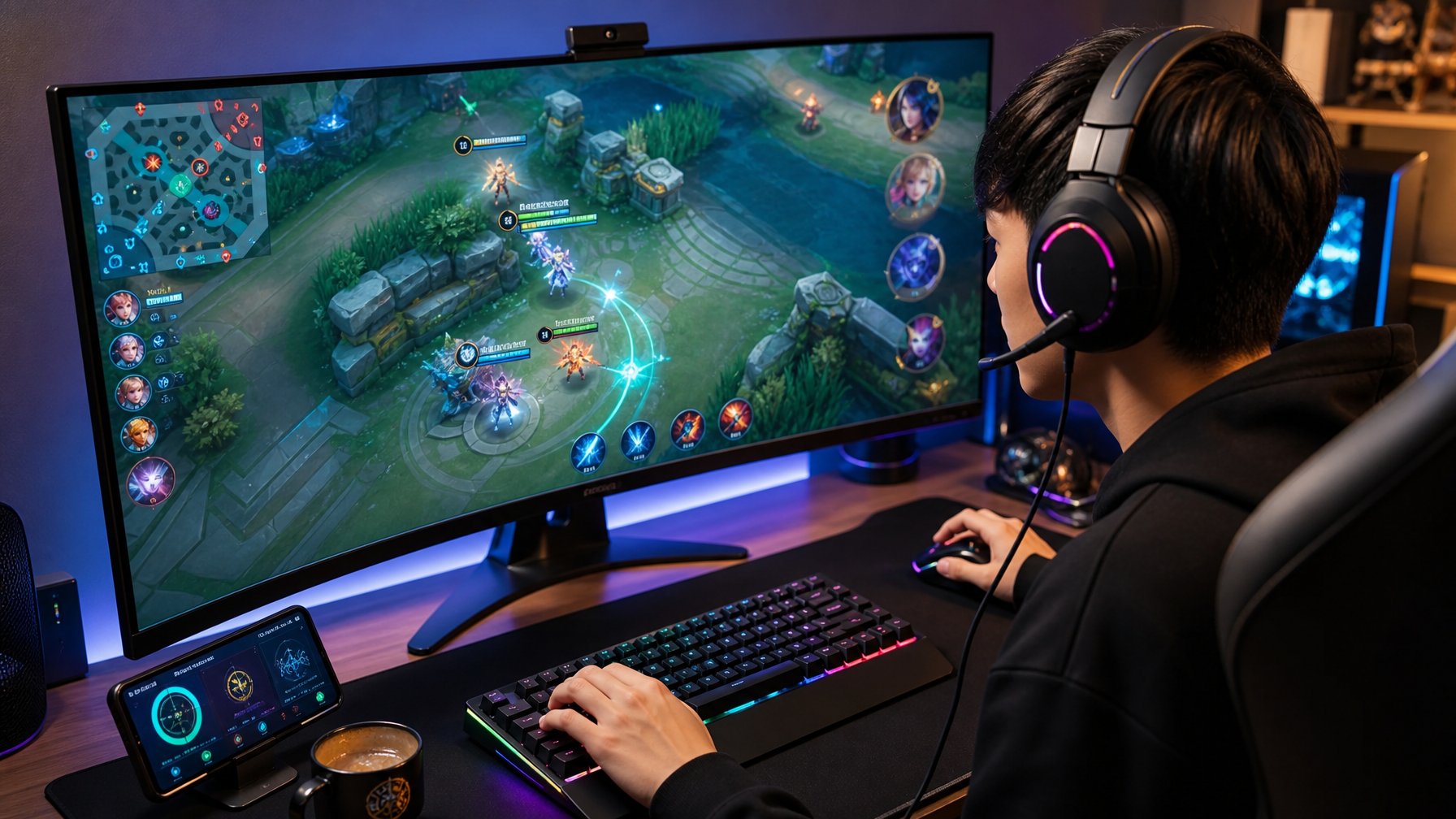 Seorang pemain game muda sedang fokus bermain Mobile Legends dengan layar besar yang menampilkan karakter dan peta permainan, di meja dengan perlengkapan gaming.