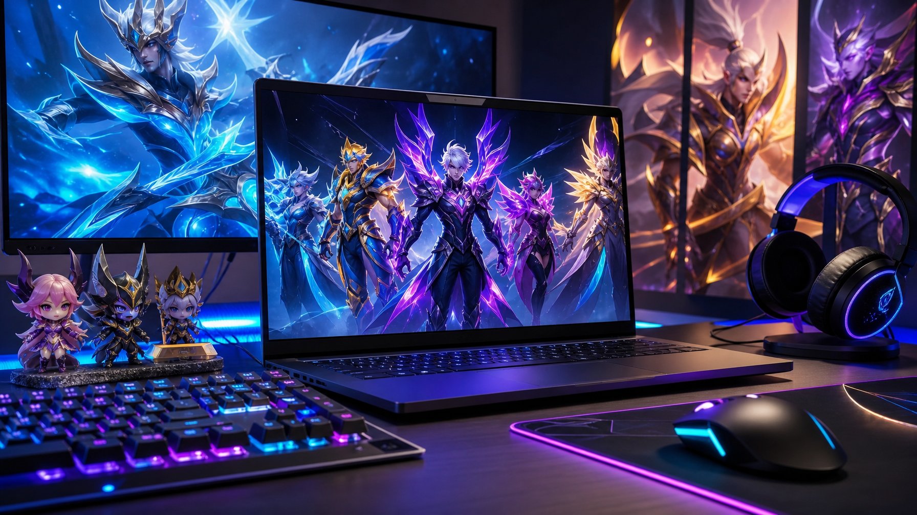 Sebuah setup gaming modern dengan laptop yang menampilkan karakter game Mobile Legends berwarna cerah dan aksesoris gaming di sekitarnya.