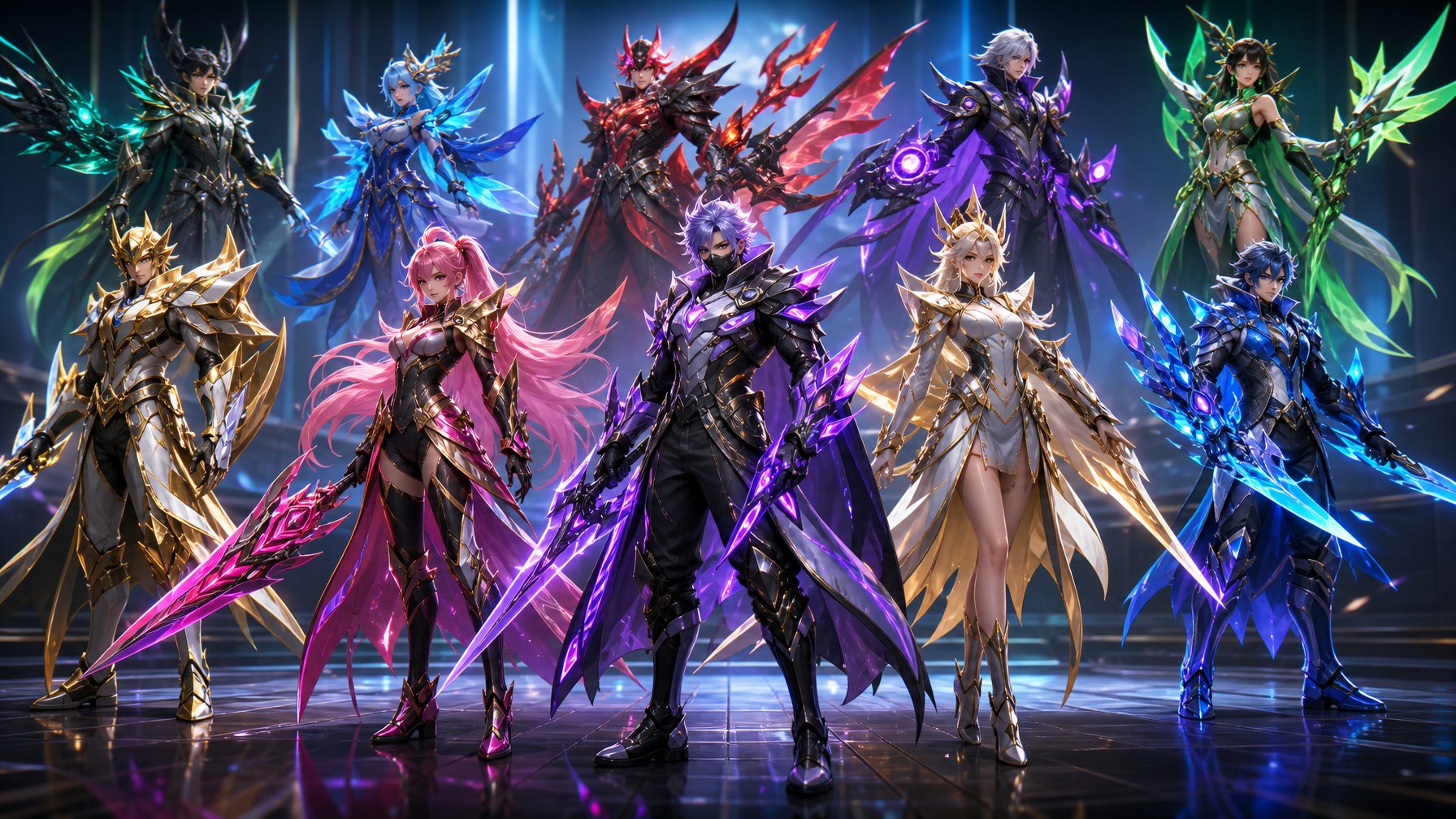 Deretan karakter Mobile Legends dengan skin eksklusif terbaru tahun 2026, menampilkan berbagai desain kostum dan senjata yang futuristik dan menarik.