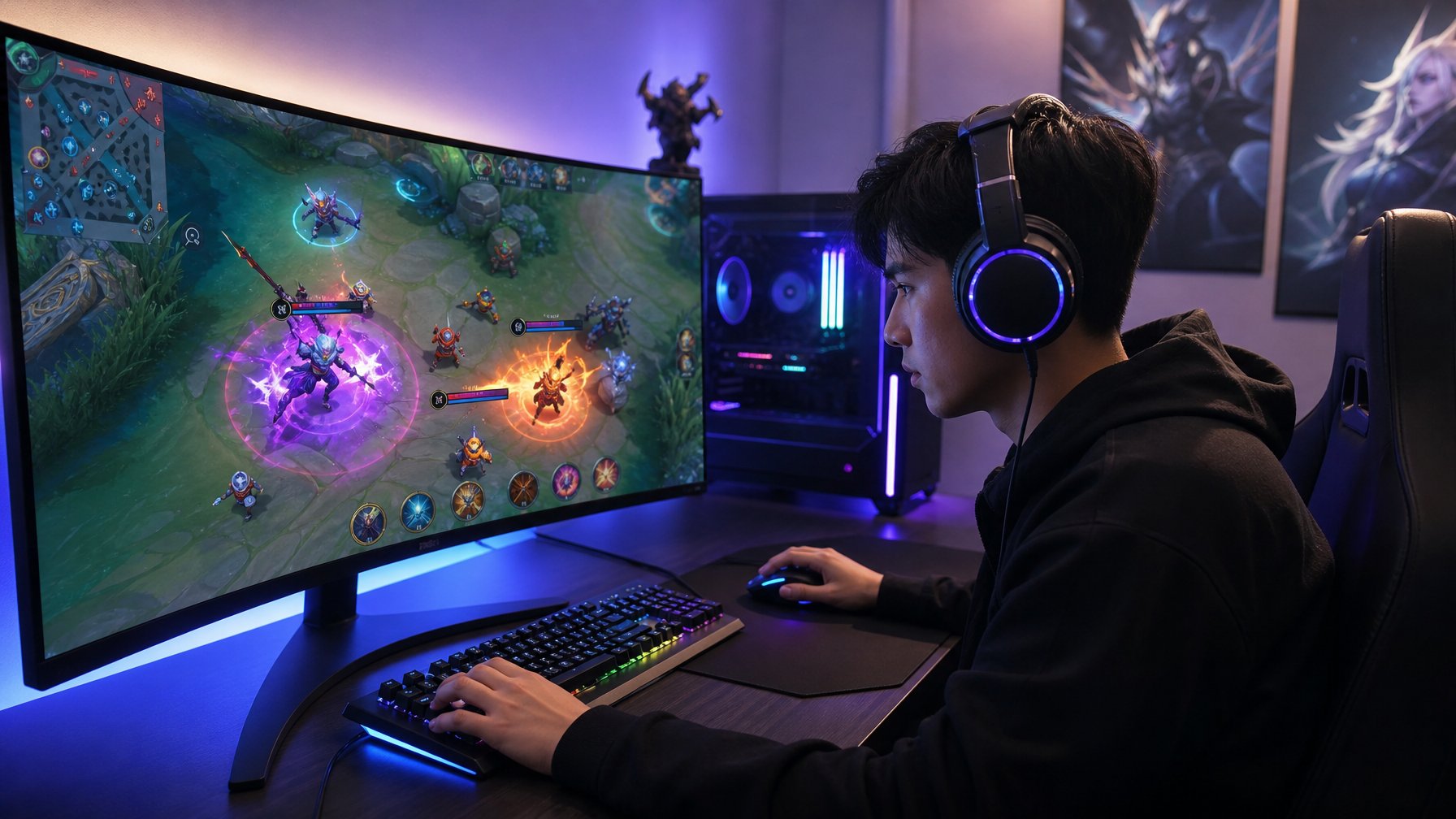 Seorang gamer muda fokus bermain Mobile Legends 2026 di meja gaming dengan monitor besar menampilkan gameplay dinamis dan karakter pahlawan sedang bertarung.
