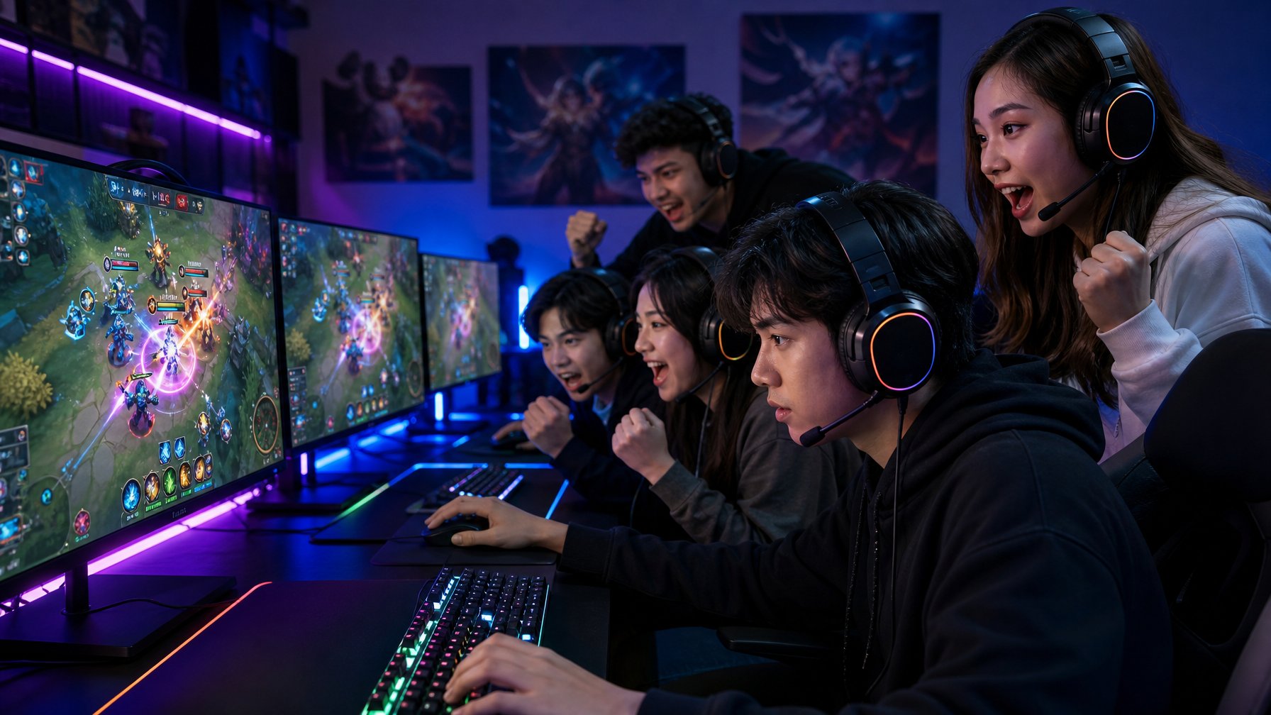 Sekelompok pemain muda sedang bermain Mobile Legends dengan serius di ruangan gaming modern, fokus pada layar yang menampilkan aksi combo skill dalam permainan.