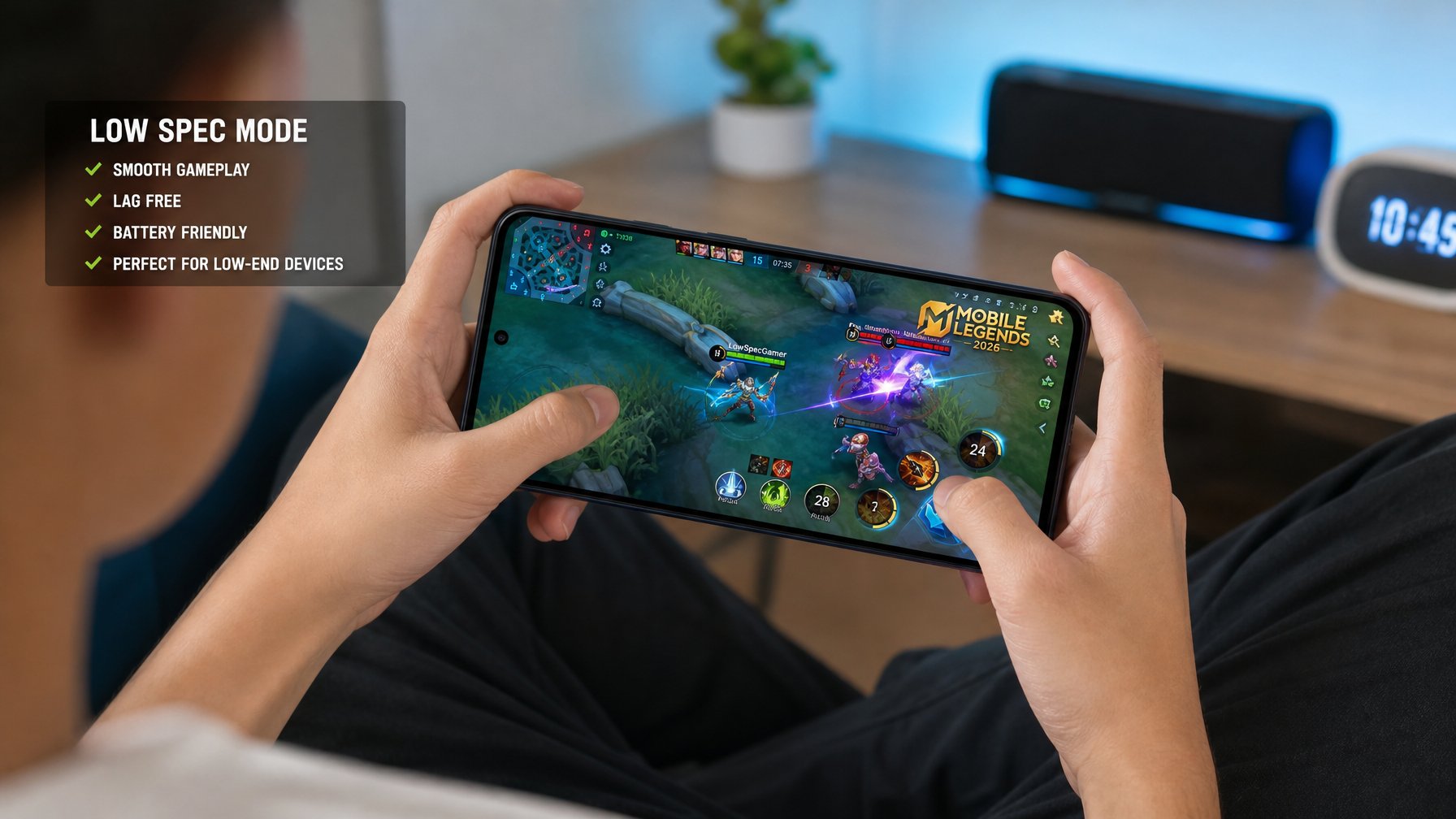 Seseorang memegang ponsel yang menampilkan permainan Mobile Legends 2026 berjalan lancar di lingkungan rumah yang nyaman.