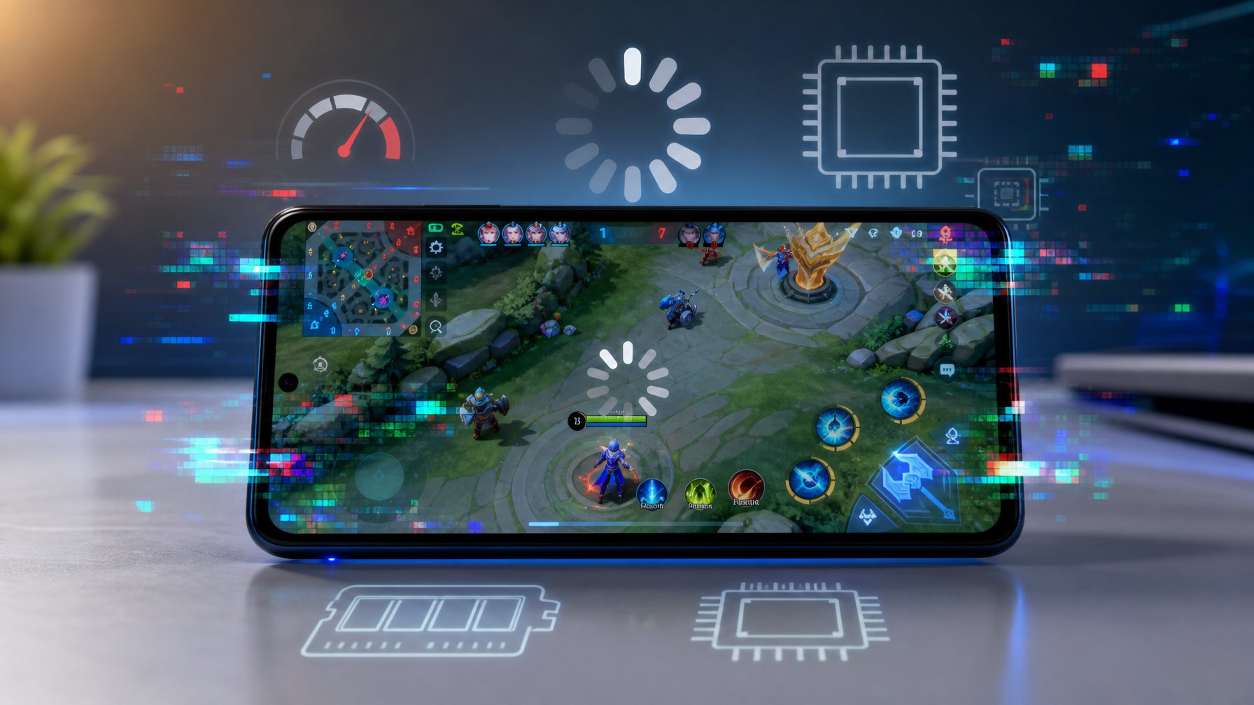 Sebuah ponsel modern menampilkan layar permainan Mobile Legends dengan simbol-simbol lag dan performa lambat di sekitarnya, di latar belakang terdapat ilustrasi perangkat dengan spesifikasi rendah.