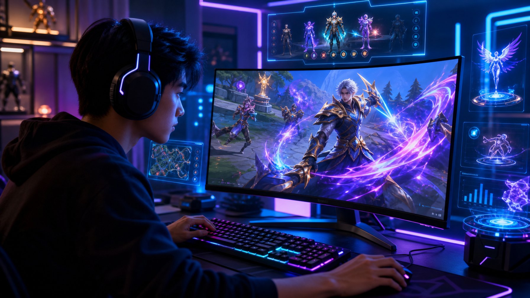Seorang gamer muda fokus bermain Mobile Legends dengan layar besar menampilkan pertarungan pahlawan baru yang penuh aksi di ruangan dengan pencahayaan warna-warni dan perlengkapan gaming modern.