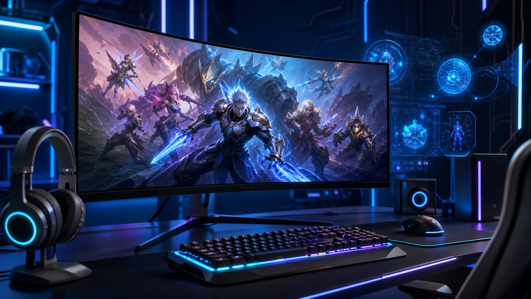 Sebuah setup gaming futuristik dengan monitor besar menampilkan karakter hero Mobile Legends yang sedang bertarung, dikelilingi oleh perlengkapan gaming di meja modern.