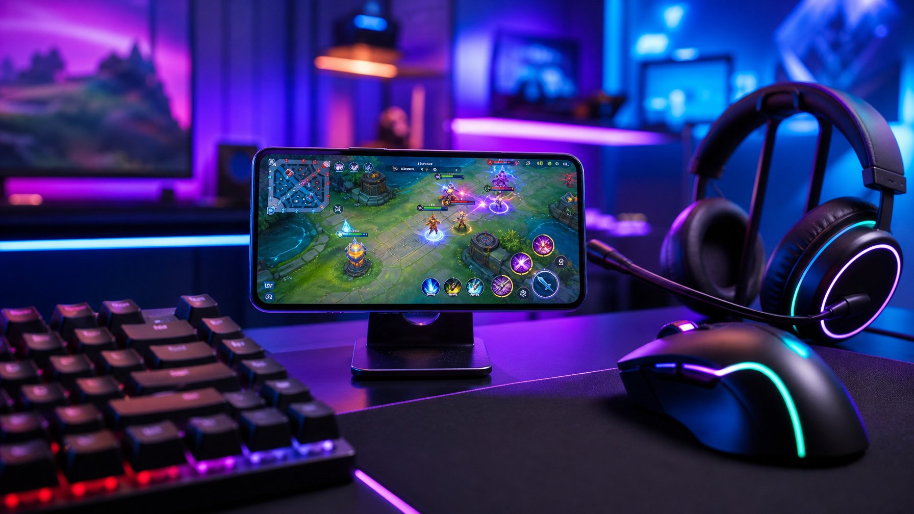 Sebuah setup gaming mobile dengan ponsel menampilkan permainan MOBA yang intens, dikelilingi oleh aksesori gaming di ruangan dengan pencahayaan LED biru dan ungu.