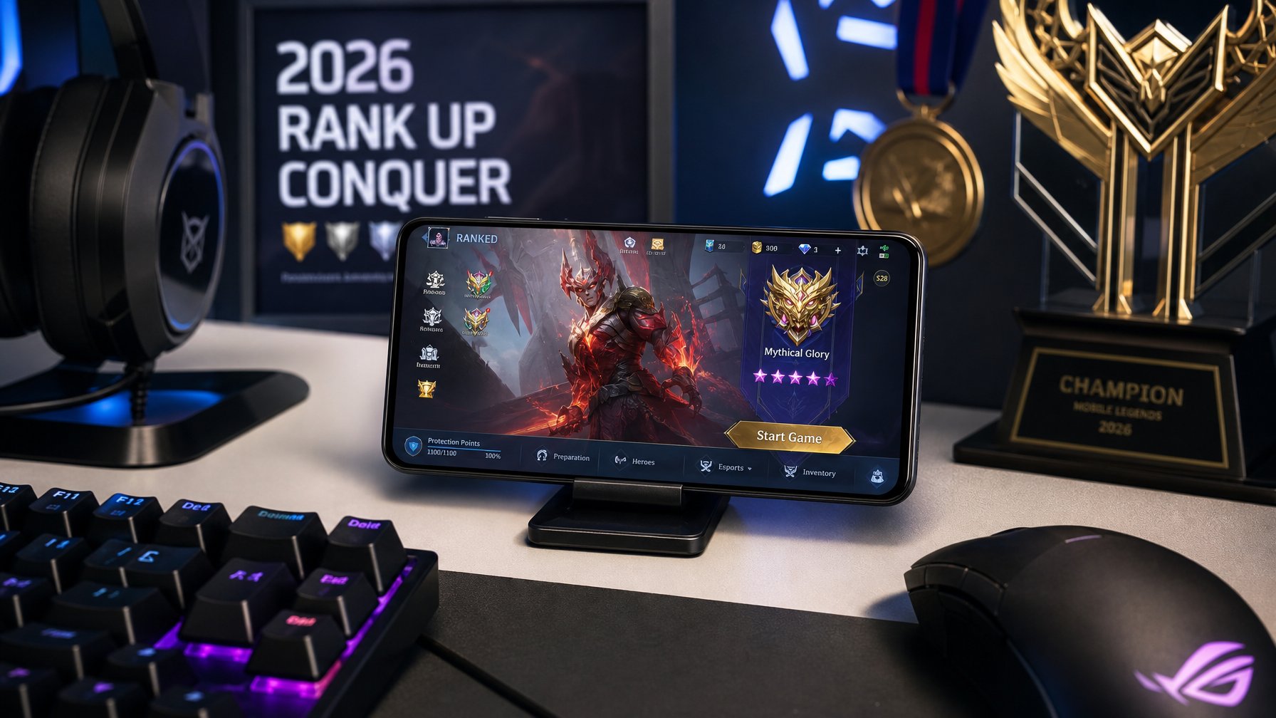 Sebuah meja dengan ponsel yang menampilkan permainan mobile, dikelilingi oleh aksesori gaming seperti keyboard, mouse, dan headphone, dengan latar belakang trofi.
