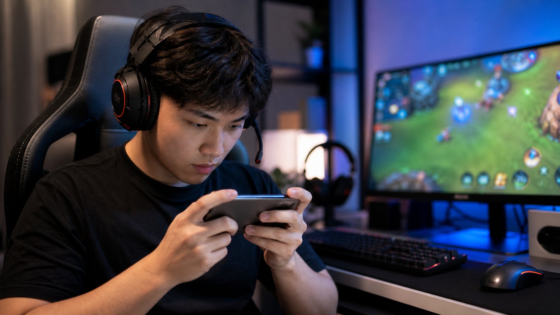 Seorang gamer muda fokus bermain game di ponsel dengan peralatan gaming di meja dalam ruangan yang terang.
