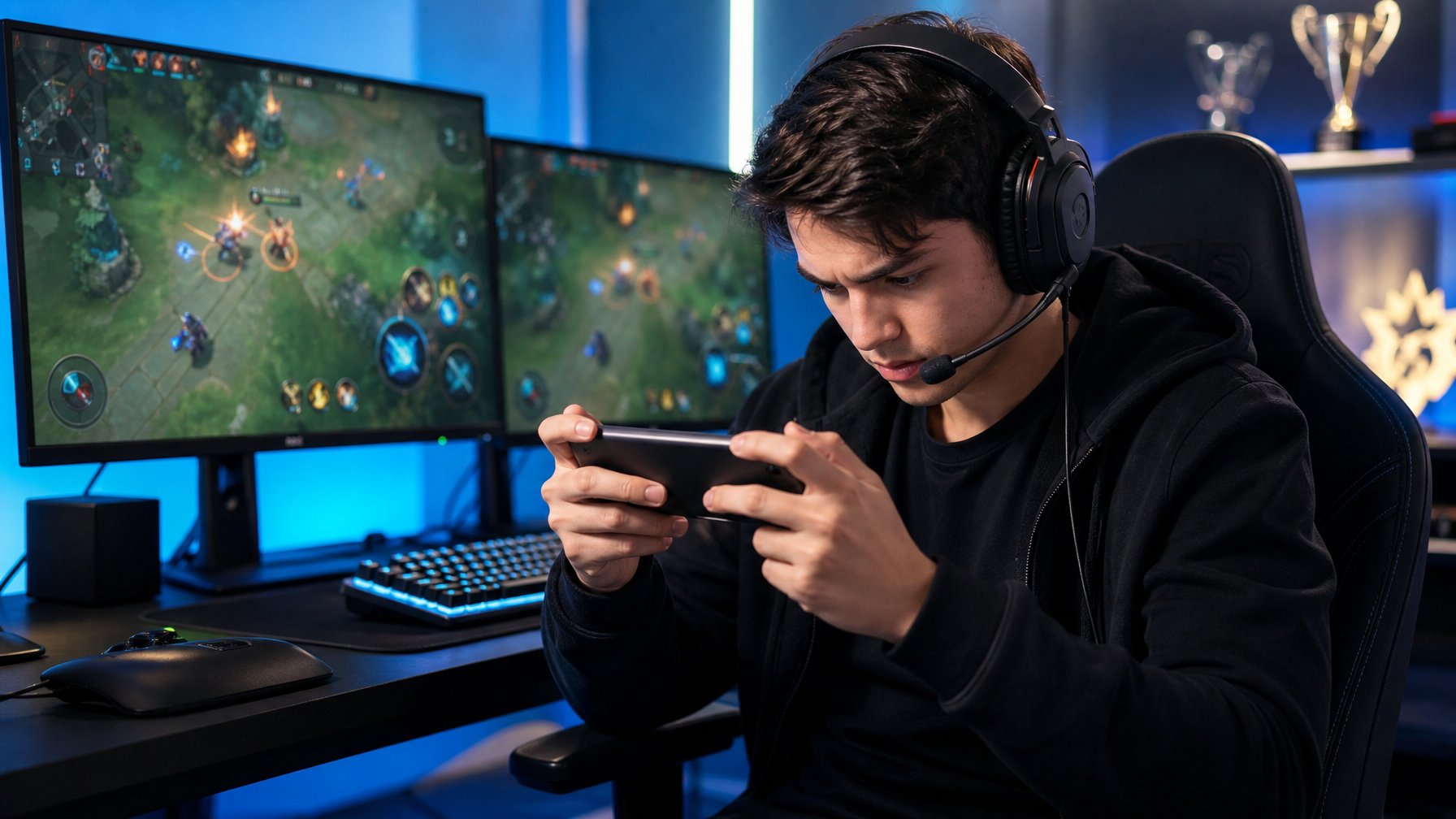 Seorang pemain muda fokus bermain game di depan meja dengan dua monitor dan smartphone di tangan, mengenakan headset di ruangan yang terang dan rapi.