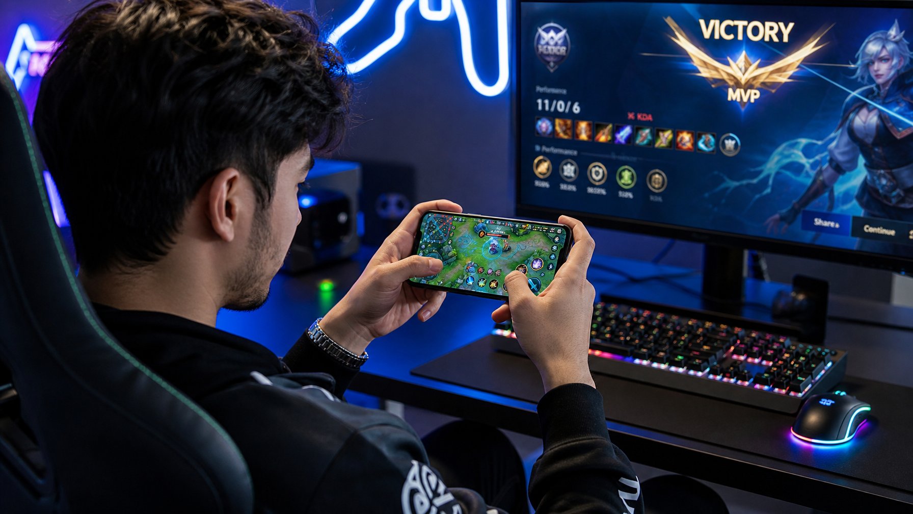 Seorang pria muda sedang bermain game di ponsel dengan latar belakang ruangan gaming modern.