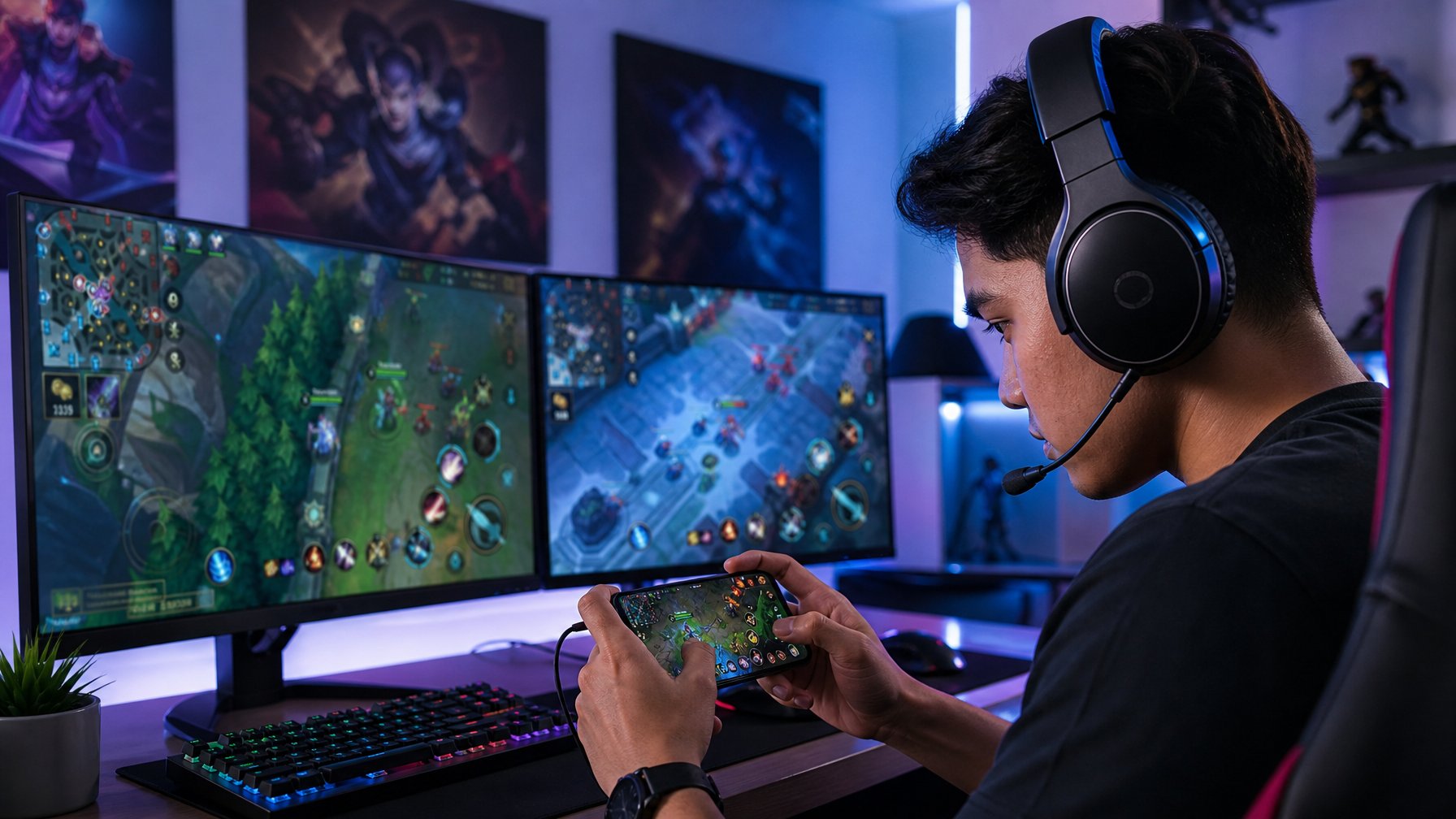 Seorang gamer muda fokus bermain game seluler di meja dengan dua monitor dan ponsel, suasana ruangan gaming yang terang dan modern.