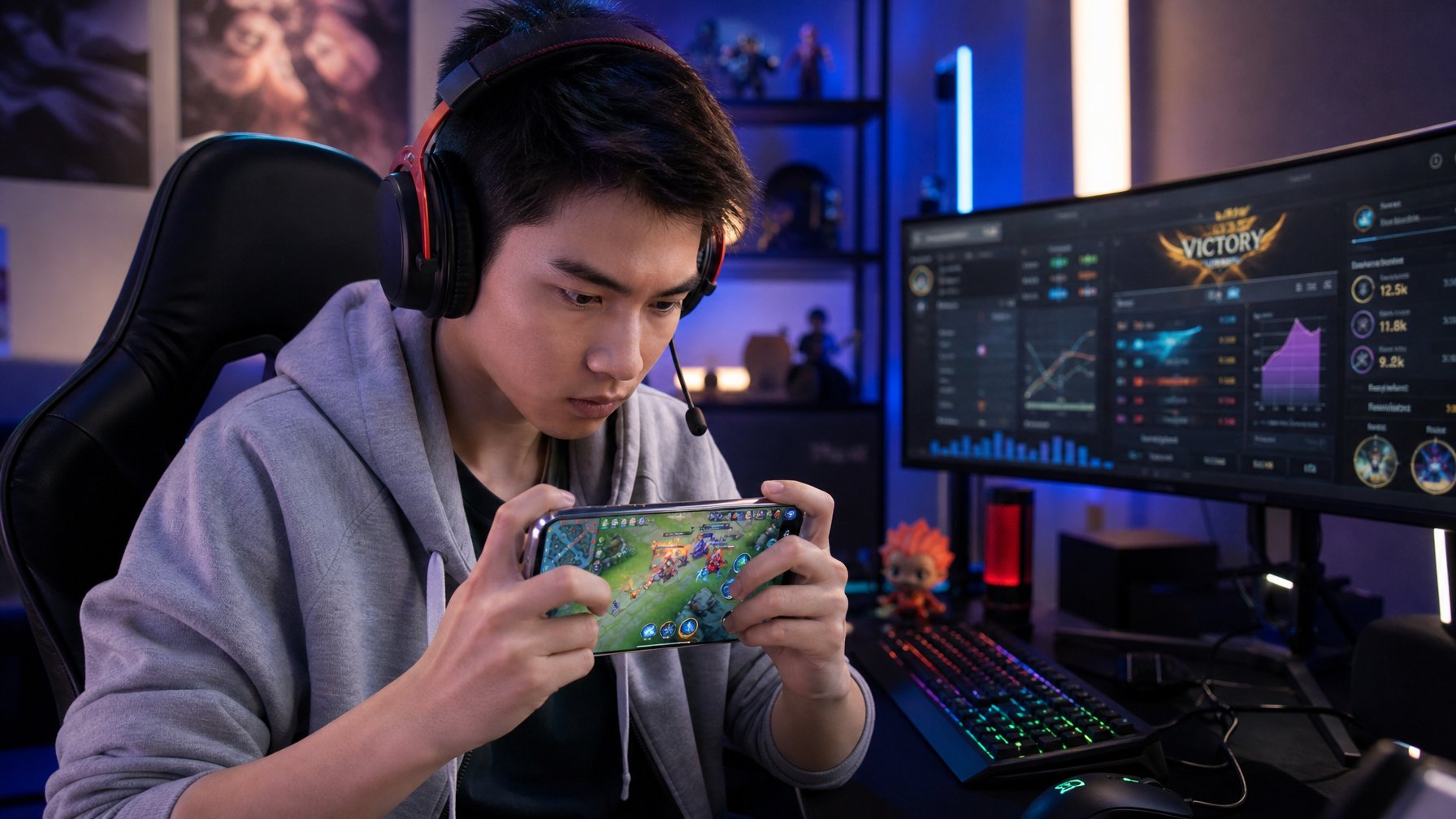 Seorang pemain muda fokus bermain game di ponsel dengan latar belakang ruangan gaming yang terang dan modern.