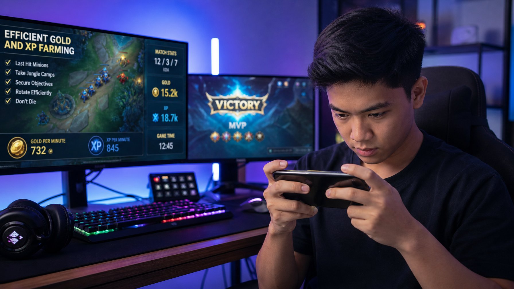 Seorang pria muda sedang fokus bermain game mobile dengan ponsel di ruang gaming modern yang dilengkapi lampu LED dan layar komputer.