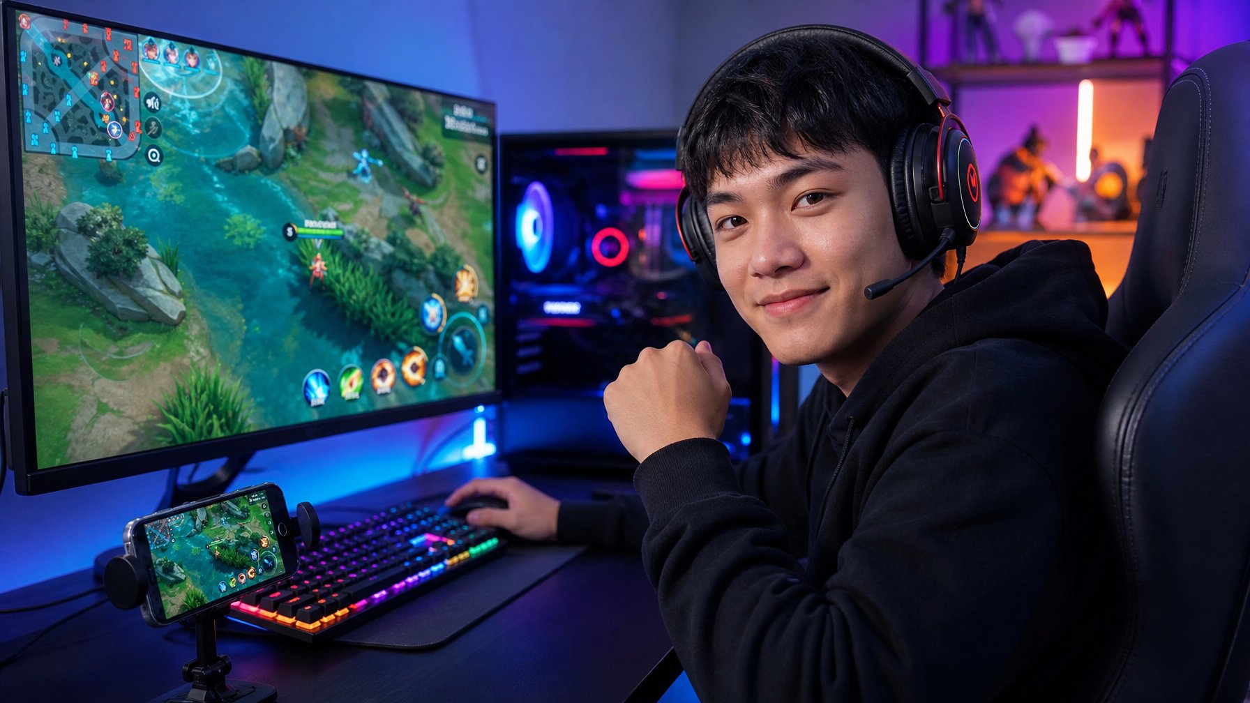 Seorang gamer muda yang percaya diri duduk di depan meja gaming dengan beberapa monitor dan headset, sedang bermain game mobile MOBA.
