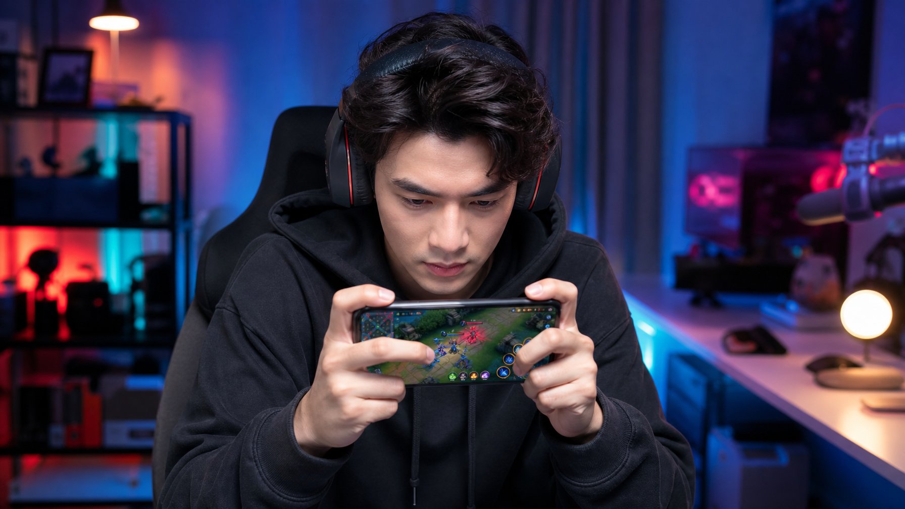 Seorang gamer muda fokus bermain game di perangkat seluler dengan latar belakang ruang gaming modern.