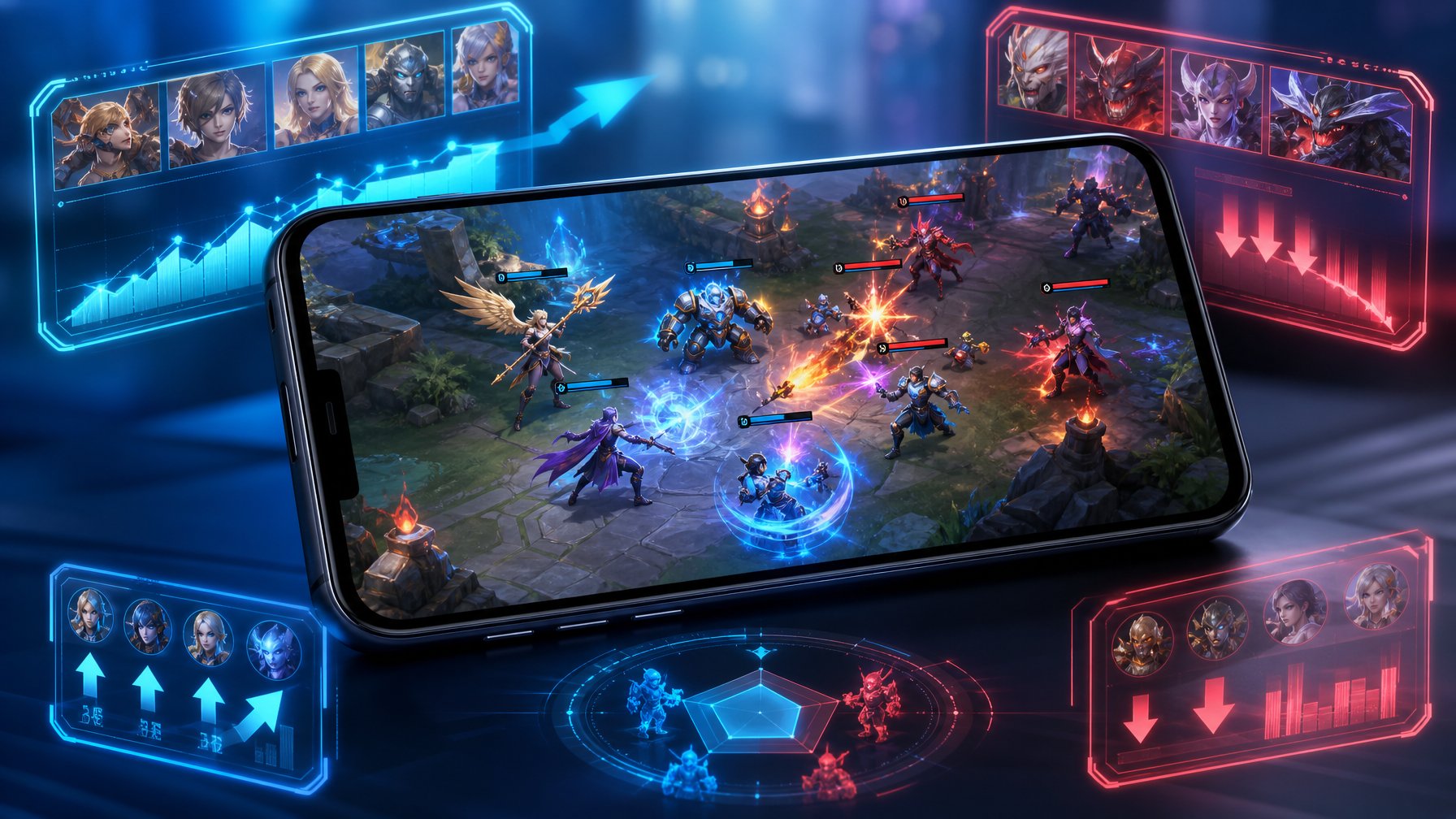 Seorang pemain memegang ponsel yang menampilkan aksi permainan pahlawan dalam game mobile dengan efek visual dinamis dan elemen antarmuka digital di sekitar layar.