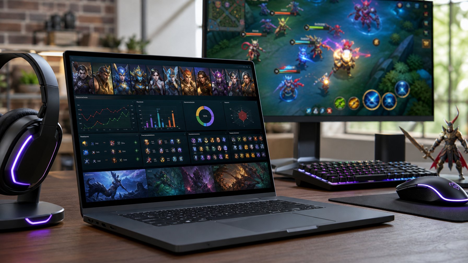 Meja kerja modern dengan laptop dan aksesori gaming yang menampilkan statistik dan gambar karakter dari permainan mobile MOBA.