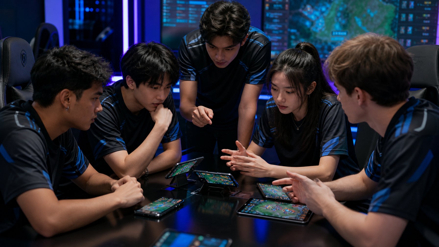 Lima pemain esports berkumpul di meja gaming dengan perangkat mobile, fokus berdiskusi di ruangan dengan pencahayaan LED biru dan ungu.
