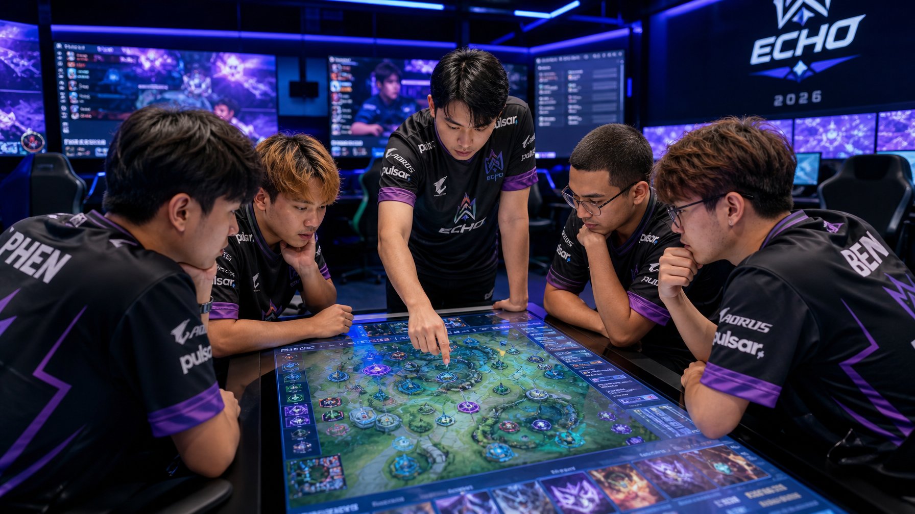 Sekelompok pemain esports sedang berdiskusi serius di sekitar meja digital dengan peta permainan di layar, di dalam ruang turnamen game yang modern.