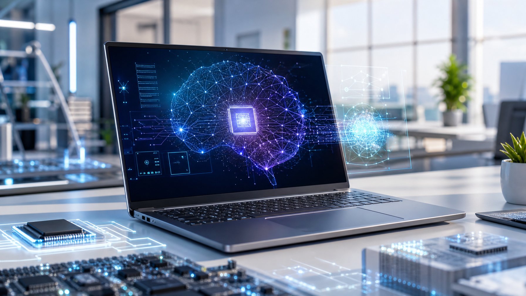 Laptop modern dengan desain futuristik di atas meja kerja minimalis, menampilkan teknologi terbaru dengan grafik digital abstrak yang melambangkan kecerdasan buatan dan prosesor generasi baru.