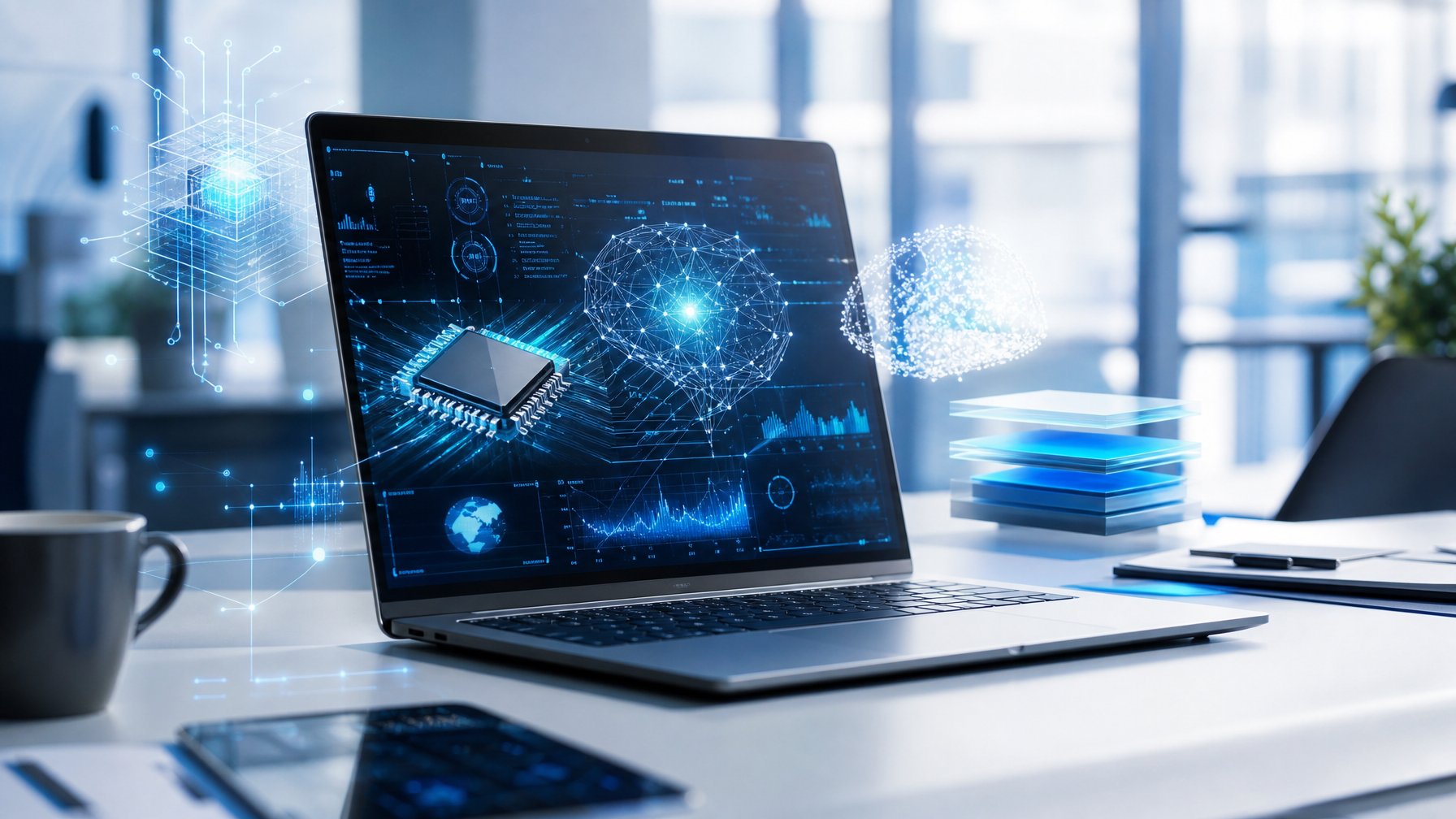 Sebuah laptop modern di atas meja minimalis dengan latar kantor futuristik dan elemen holografik yang menggambarkan teknologi AI dan performa tinggi.