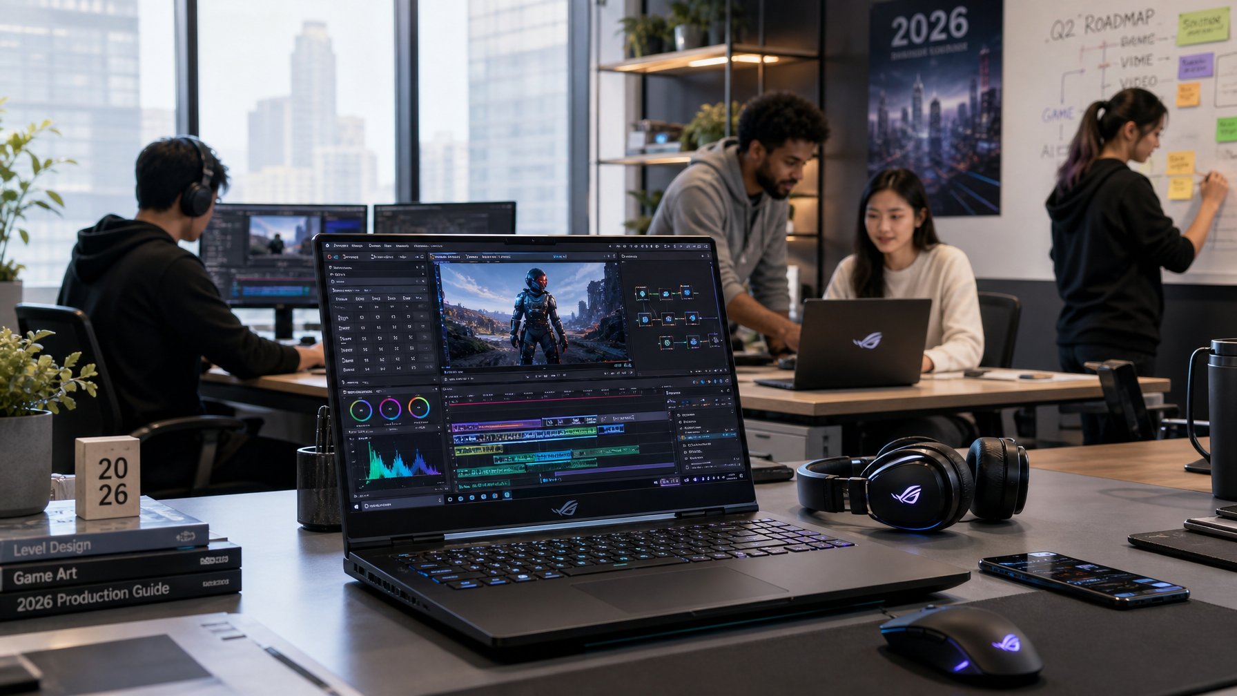 Sebuah laptop modern di meja kerja dengan beberapa orang sedang bekerja di latar belakang.