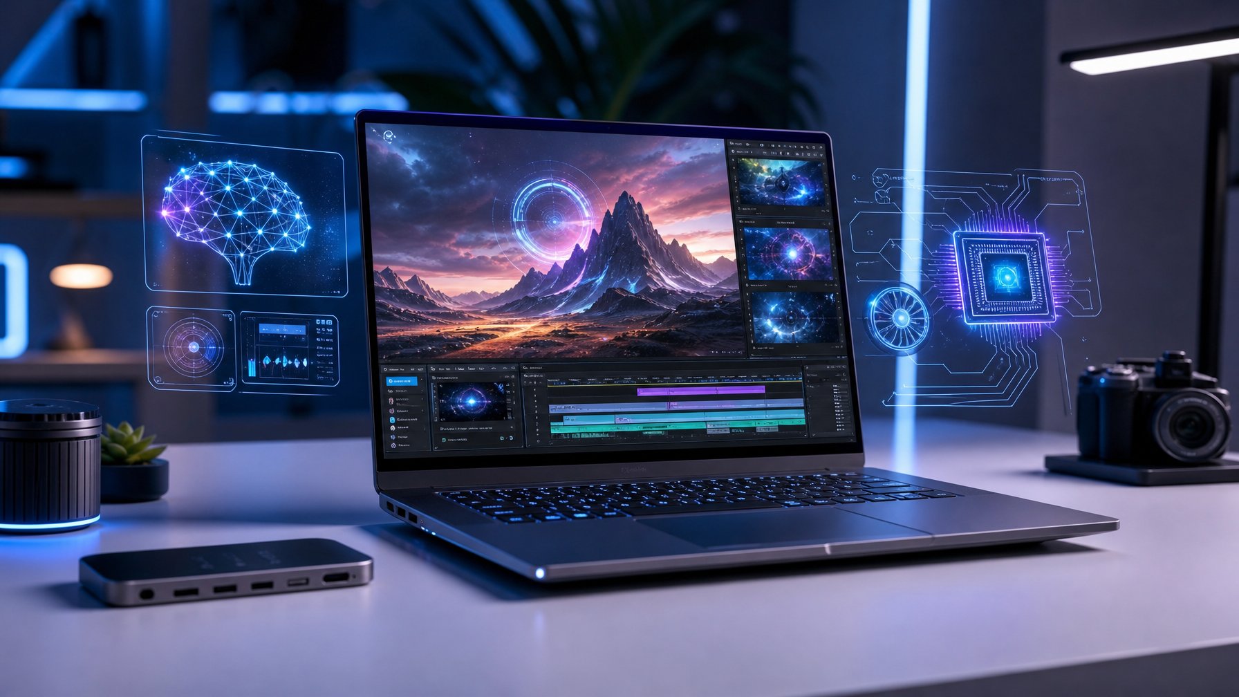 Laptop modern dengan layar cerah di meja kerja minimalis, dikelilingi oleh elemen digital yang menunjukkan teknologi terbaru untuk gaming, editing, dan kerja kantor.