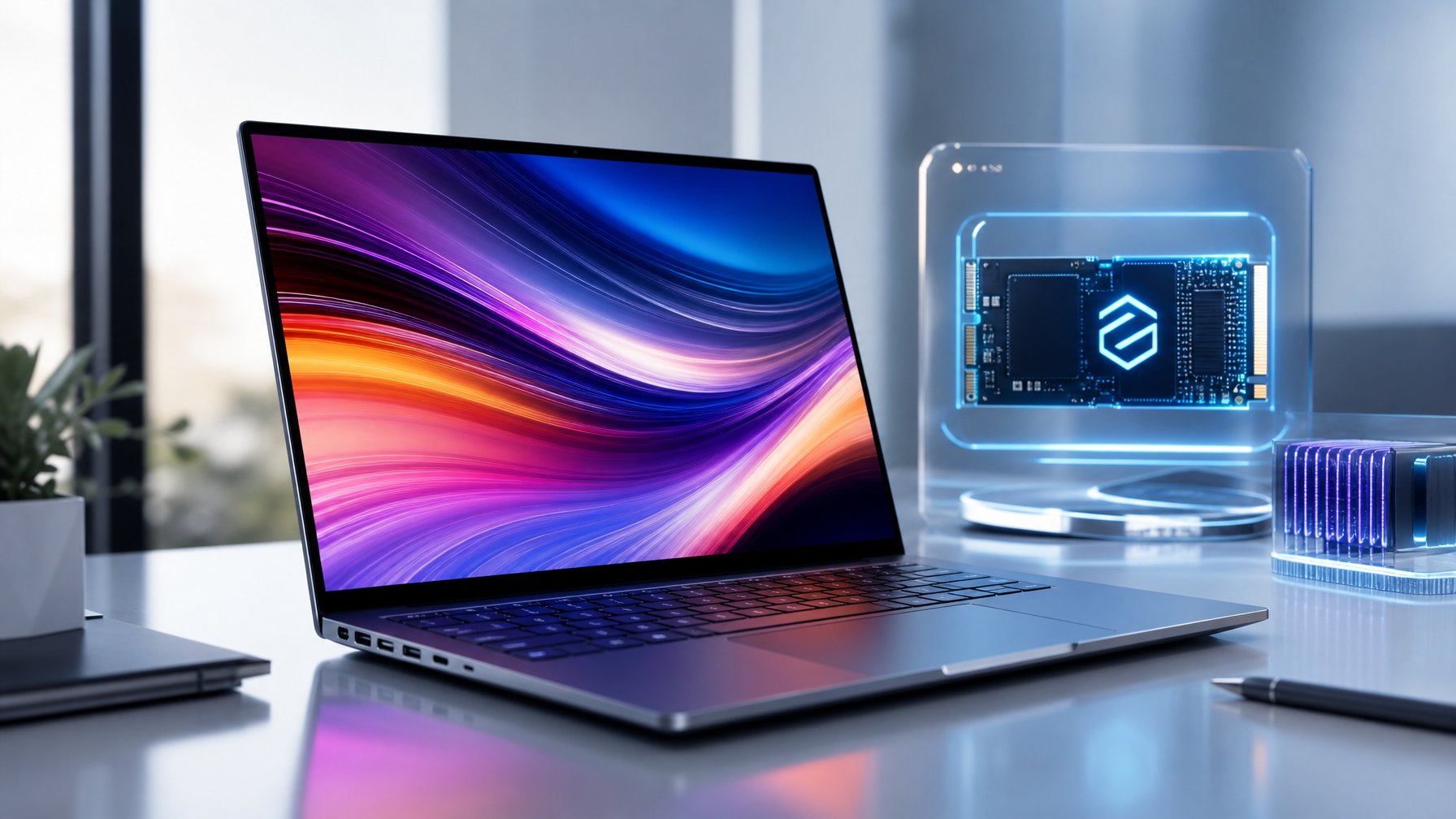 Laptop modern terbuka di atas meja bersih dengan layar berwarna cerah dan desain ramping.