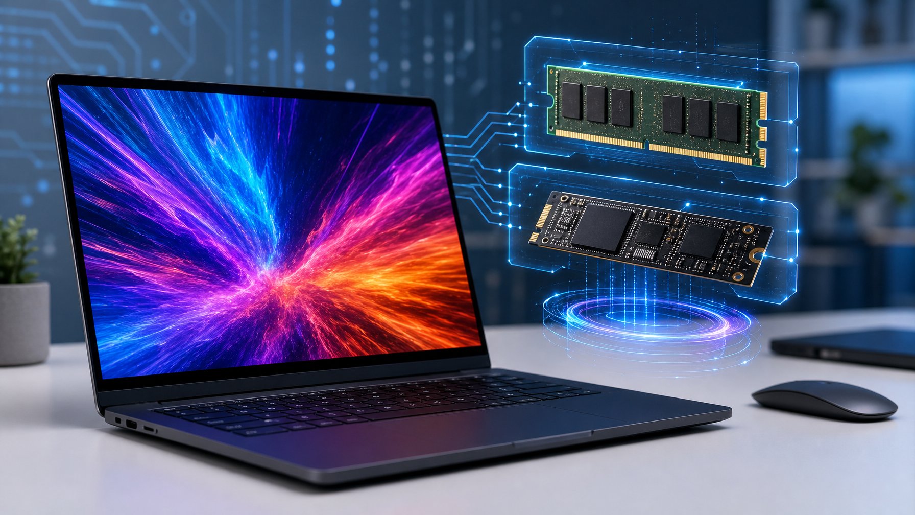 Sebuah laptop modern terbuka di atas meja dengan layar OLED berwarna cerah dan hologram yang menampilkan modul RAM 32GB dan SSD generasi 5.