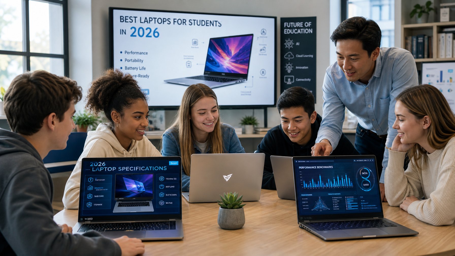 Sekelompok pelajar dan guru sedang berdiskusi di ruang kelas modern dengan beberapa laptop canggih terbuka di atas meja.