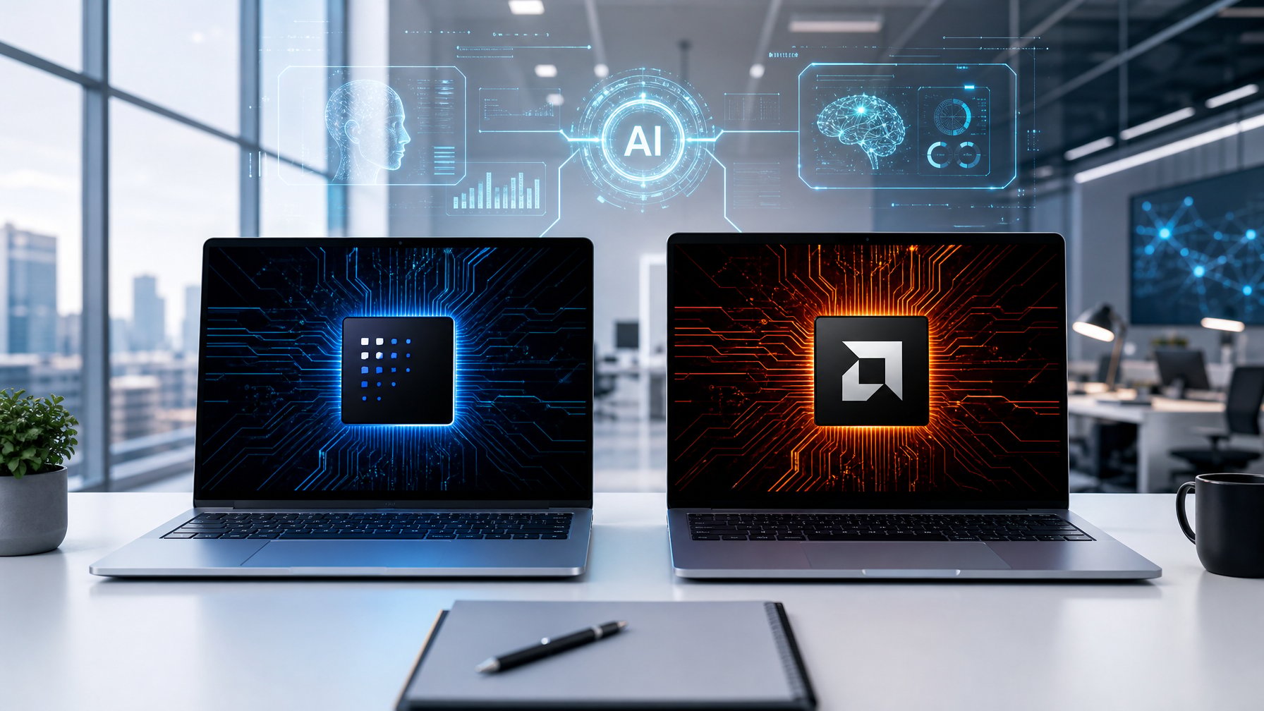 Dua laptop modern berdampingan di atas meja dengan latar kantor terang dan elemen visual teknologi AI mengambang di sekitarnya.