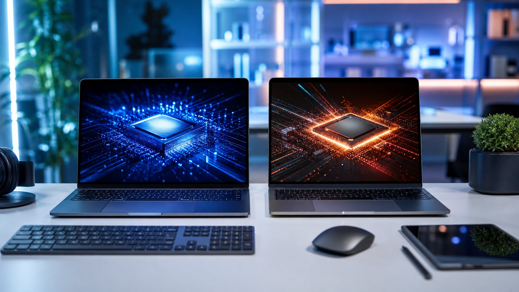 Dua laptop modern berdampingan di atas meja kerja dengan perangkat teknologi di sekitarnya, menampilkan suasana kerja yang canggih dan fokus pada performa prosesor.