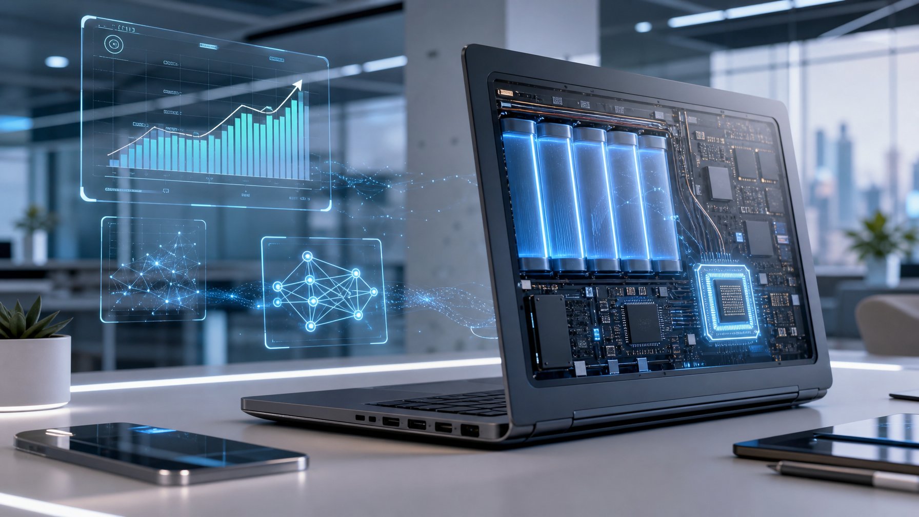 Sebuah laptop futuristik di meja kerja modern dengan panel transparan yang menampilkan baterai dan chip AI, dipadukan dengan hologram grafik efisiensi baterai dan jaringan AI.