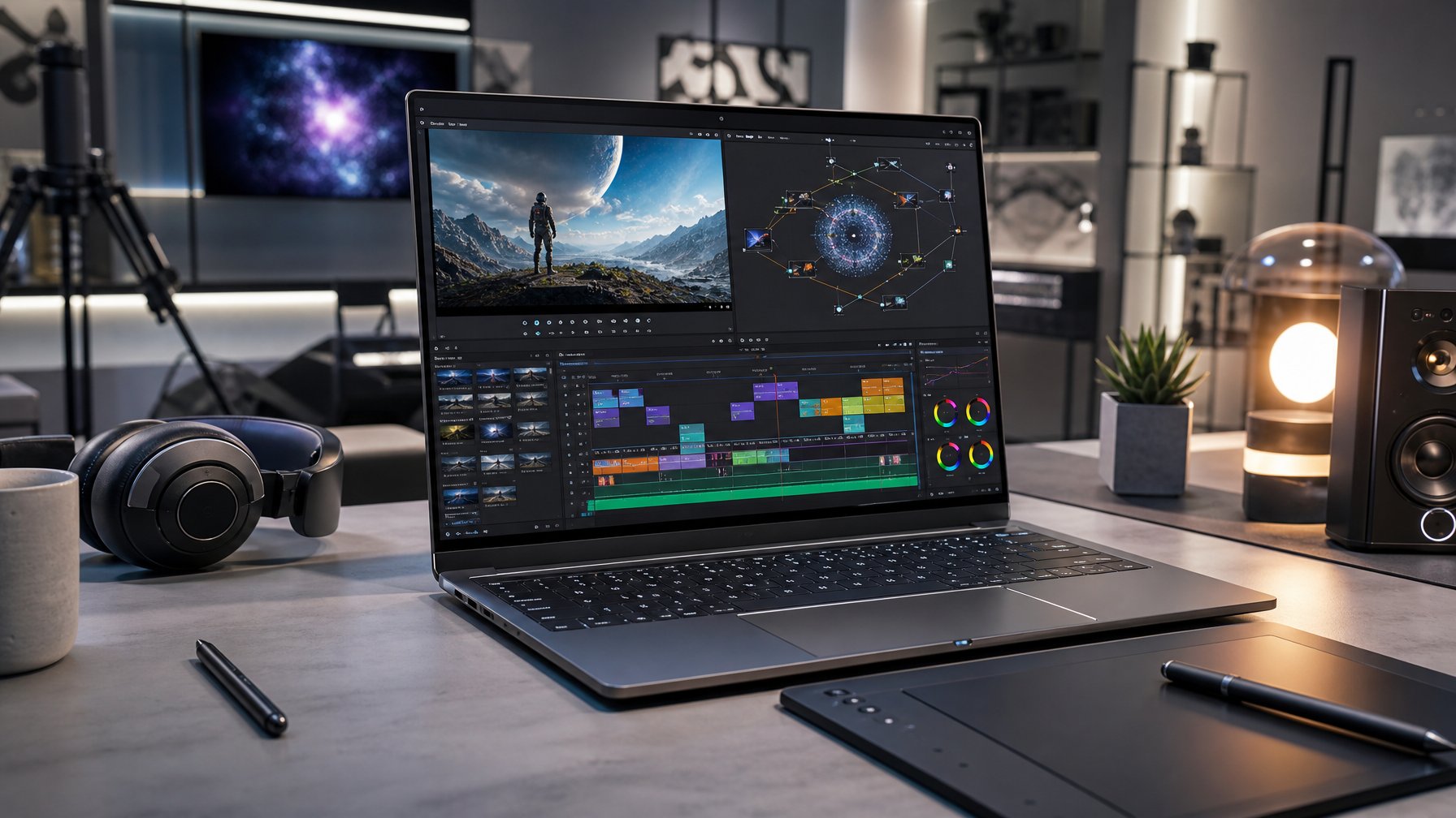 Seorang pencipta konten sedang bekerja dengan laptop canggih di studio kreatif yang terang, menampilkan perangkat dan layar editing video 4K.