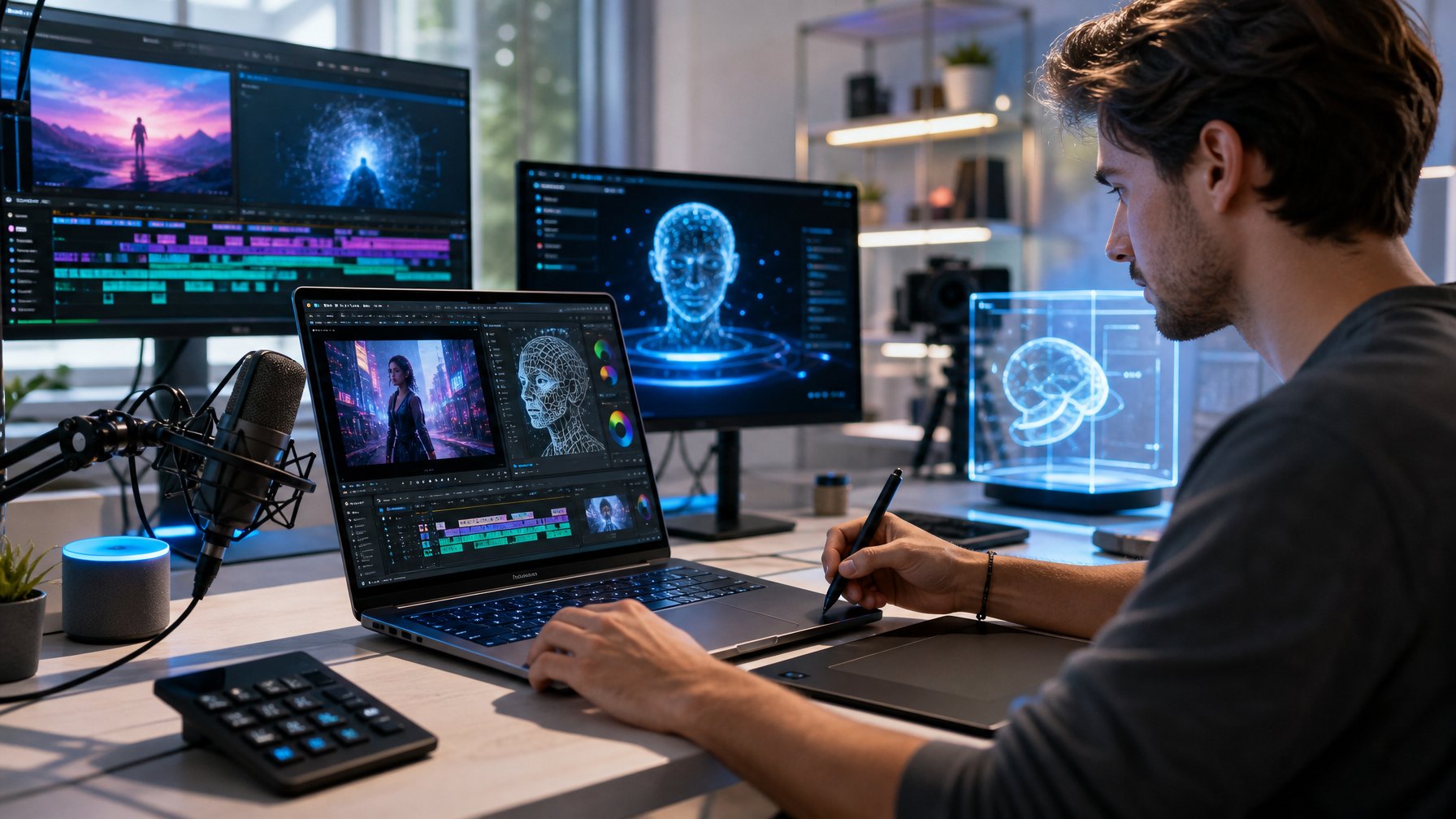 Seorang pencipta konten muda bekerja di depan laptop canggih dengan layar besar yang menampilkan perangkat lunak pengeditan video dan alat rendering AI di ruang kerja modern.