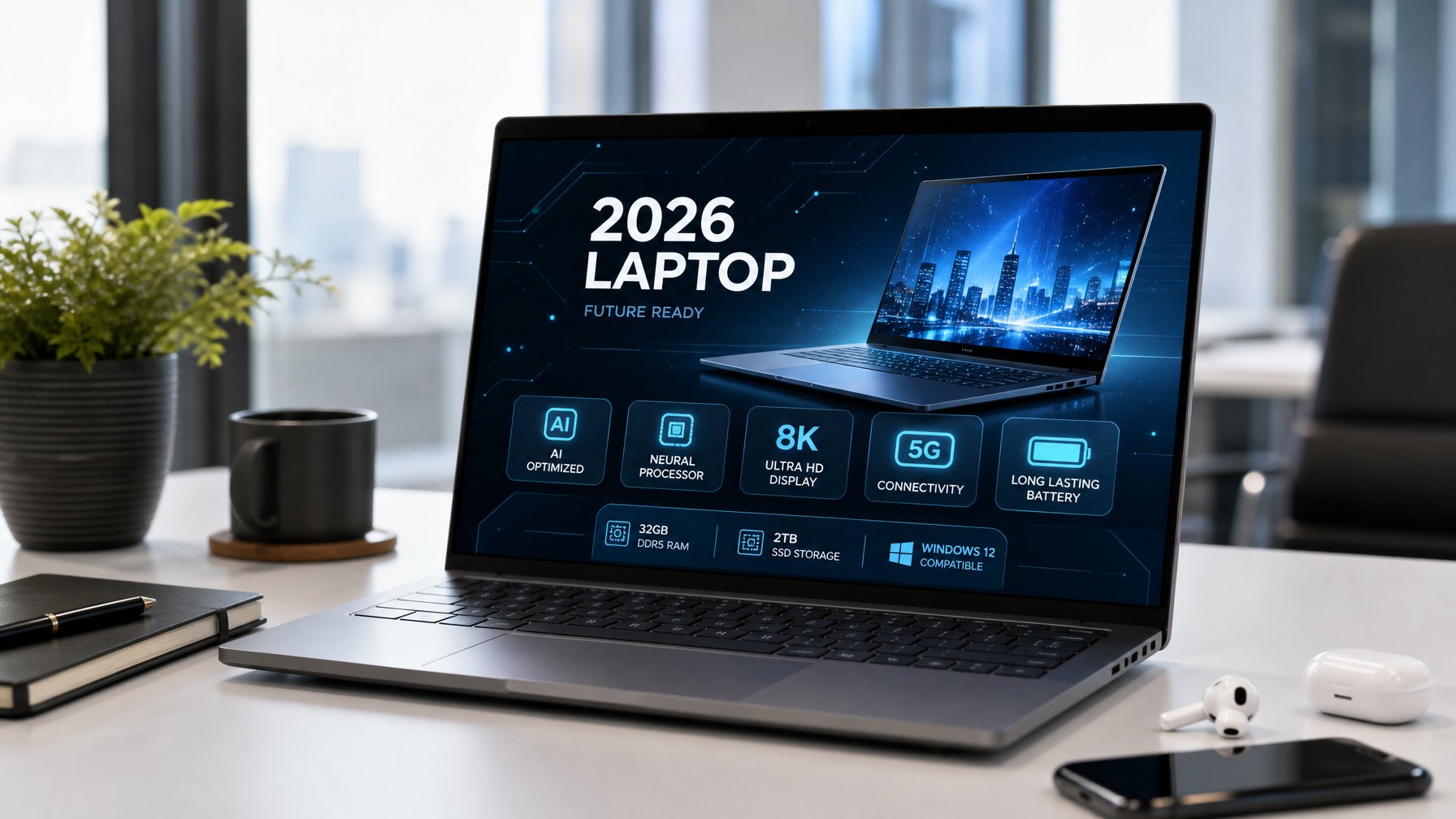 Sebuah laptop modern di atas meja kerja dengan aksesori teknologi di sekitarnya dalam ruangan kantor yang terang.