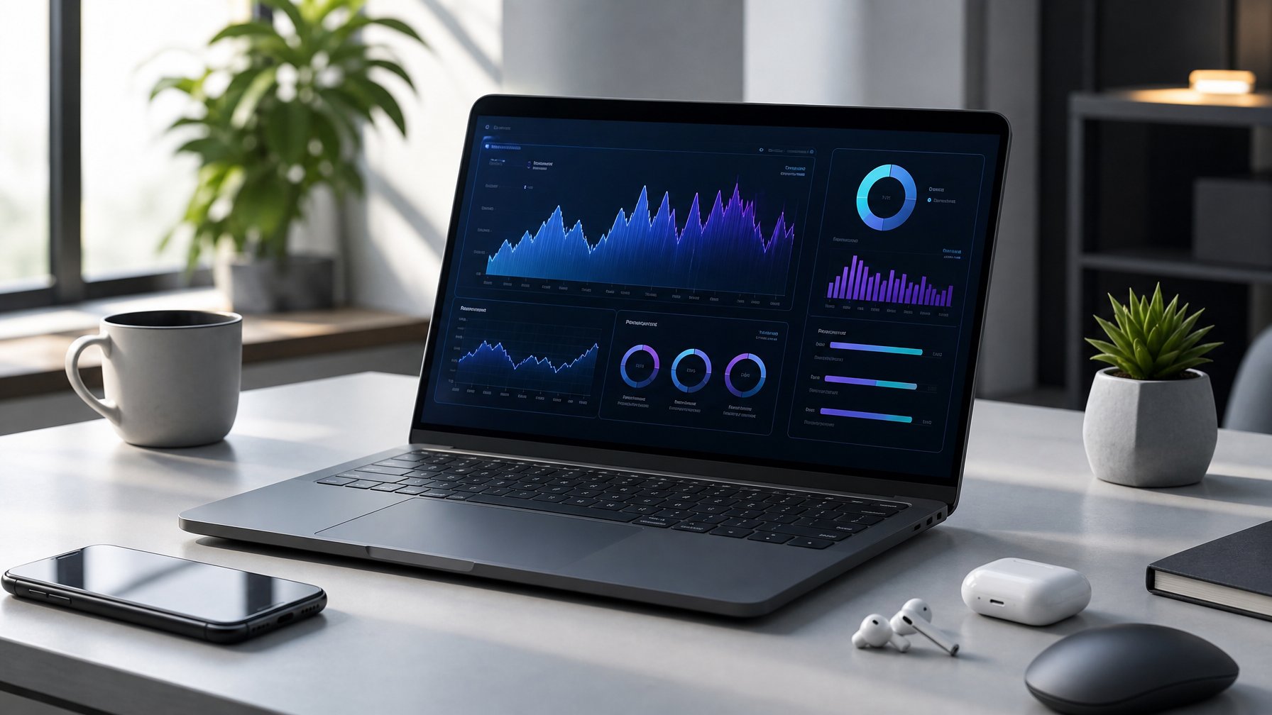 Sebuah laptop modern di atas meja kerja dengan grafik kinerja dan penggunaan RAM di layar, dikelilingi oleh perangkat teknologi dan cangkir kopi.