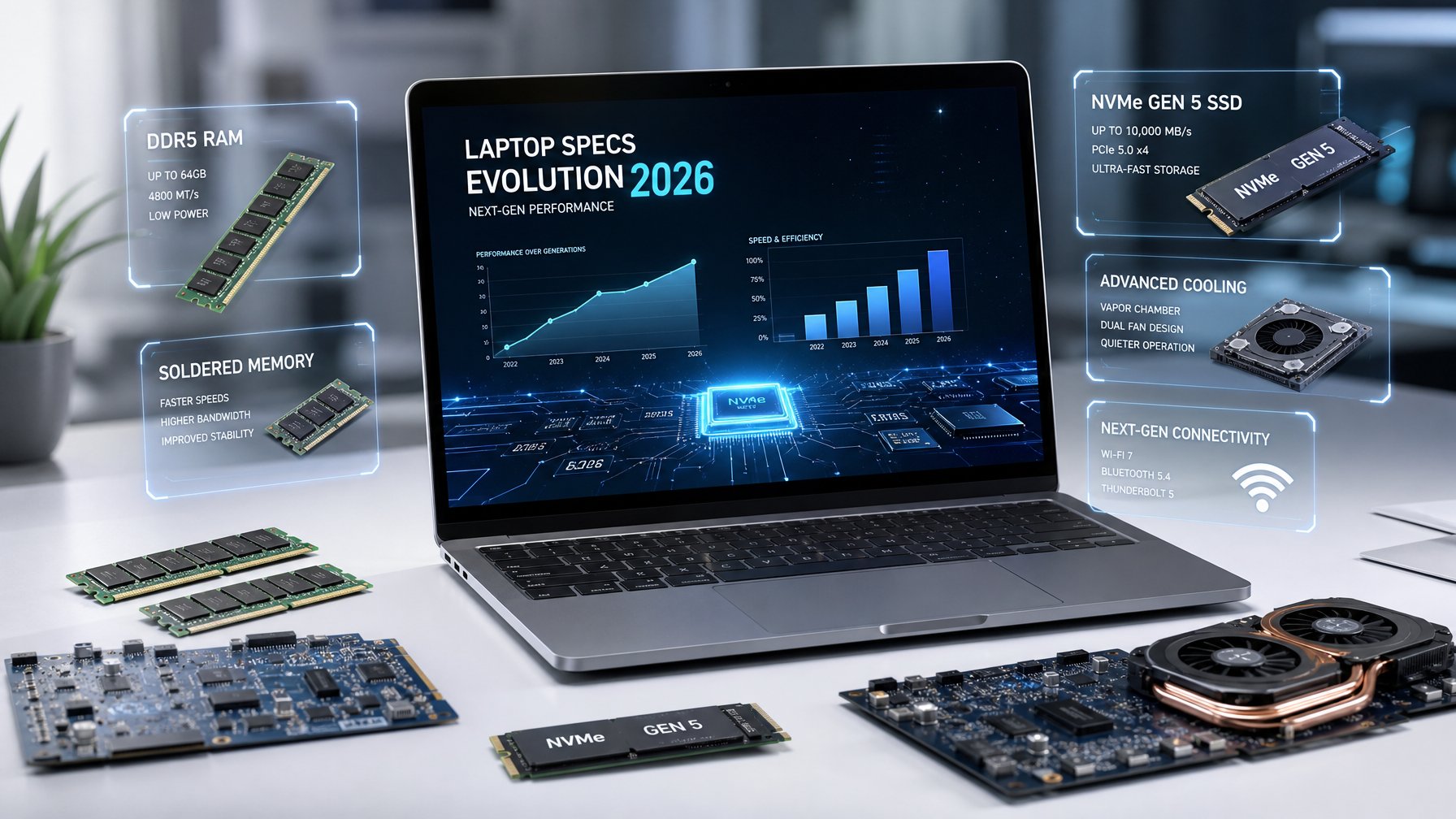 Sebuah laptop modern di atas meja dengan tampilan digital yang menunjukkan komponen teknologi seperti RAM dan penyimpanan NVMe.