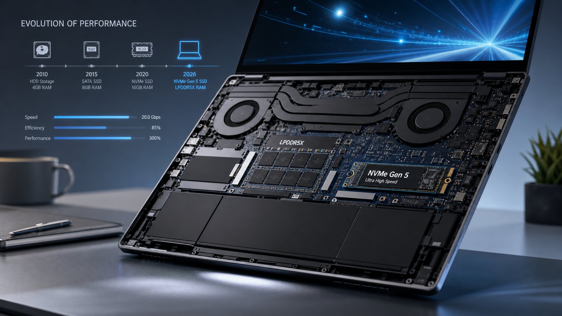 Laptop modern dengan bagian dalam terbuka yang menampilkan komponen seperti RAM yang disolder dan penyimpanan NVMe Gen 5 di atas meja kerja.