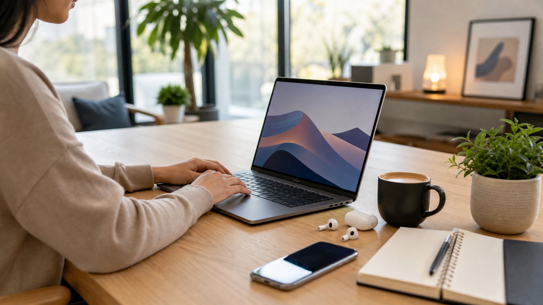 Seorang pekerja menggunakan laptop modern di meja kerja rapi di ruangan terang dengan tanaman dan jendela besar.